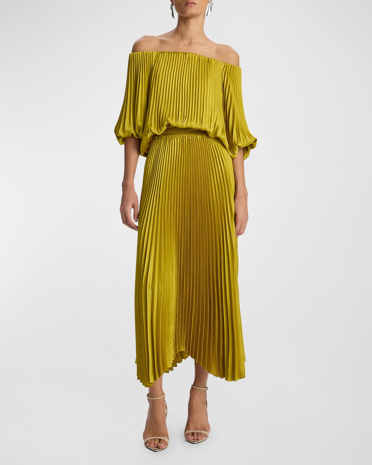 Shop A.l.c Sienna Pleated Off-the-shoulder Midi Dress In Cactus Blo