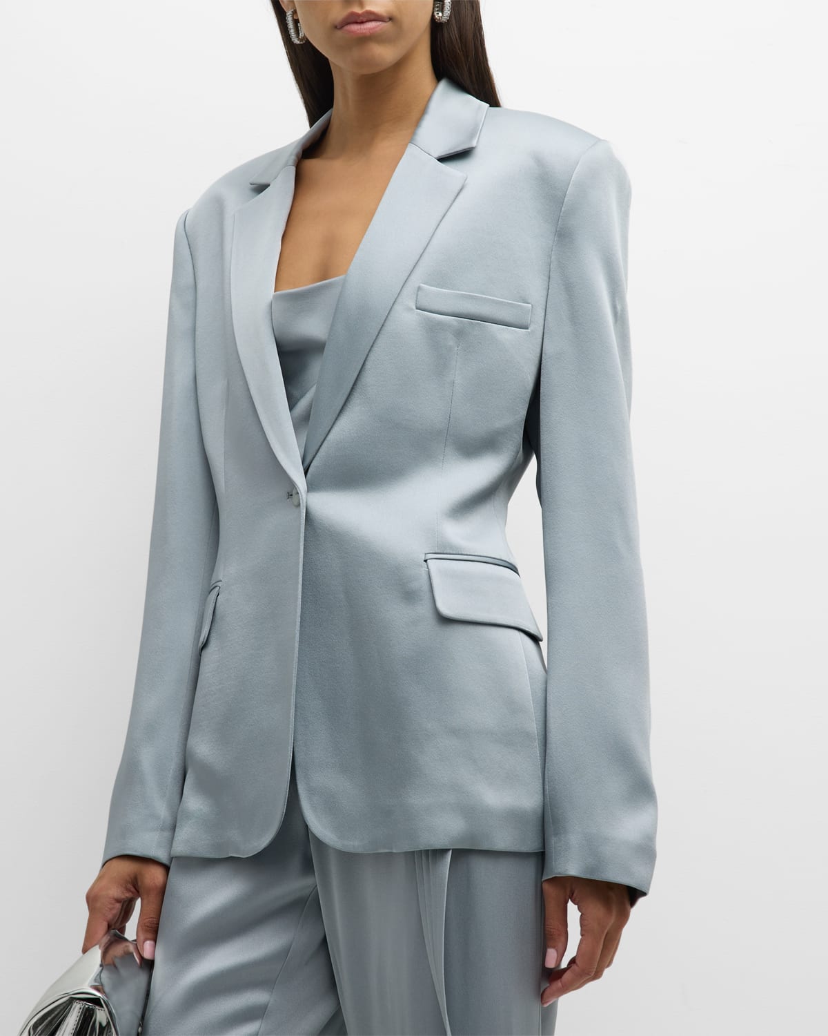 Shop Lapointe Doubleface Satin Strong-shoulder Single-breasted Blazer Jacket In Dove