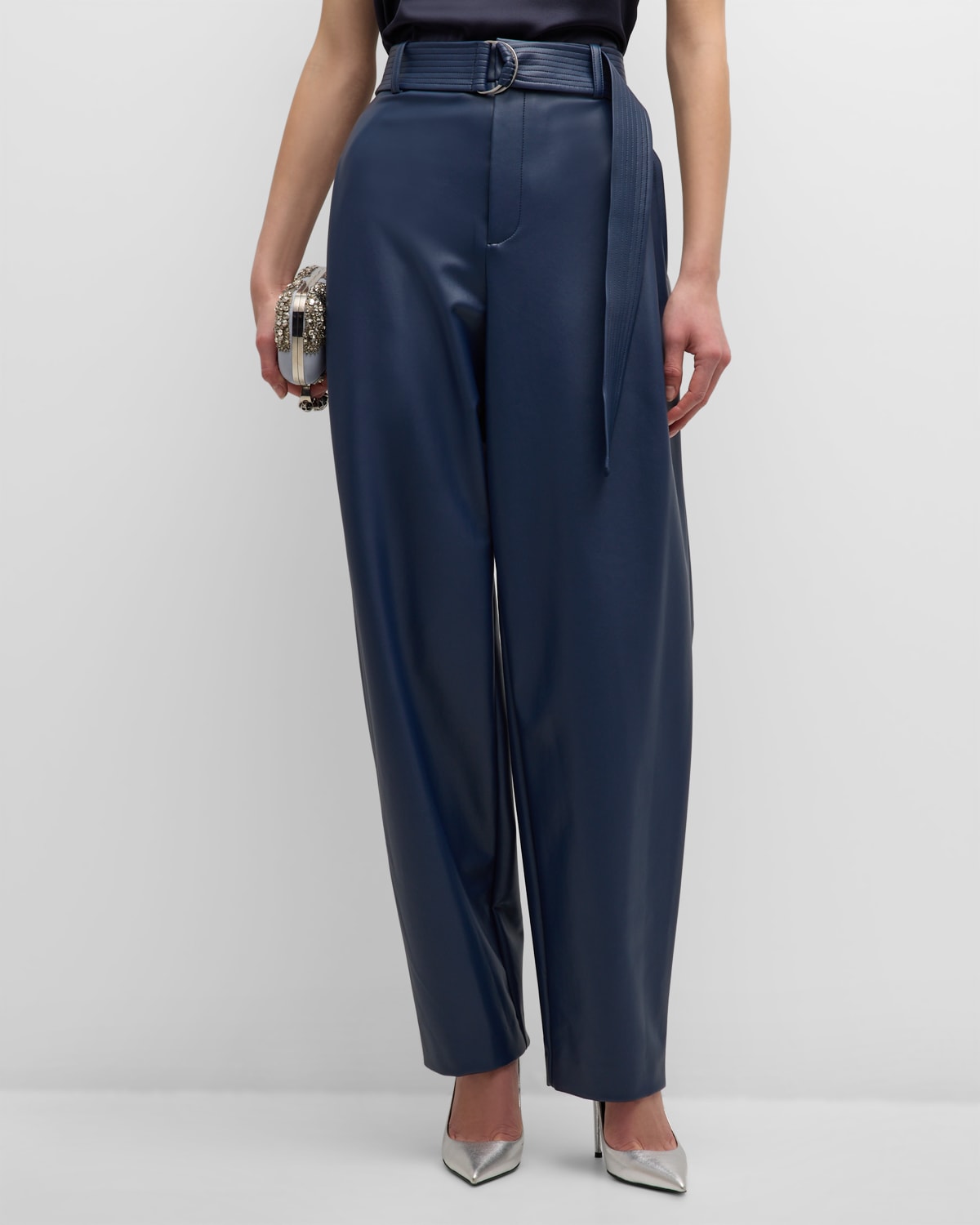 Shop Lapointe Mid-rise Belted Stretch Faux Leather Tapered-leg Trousers In Ink