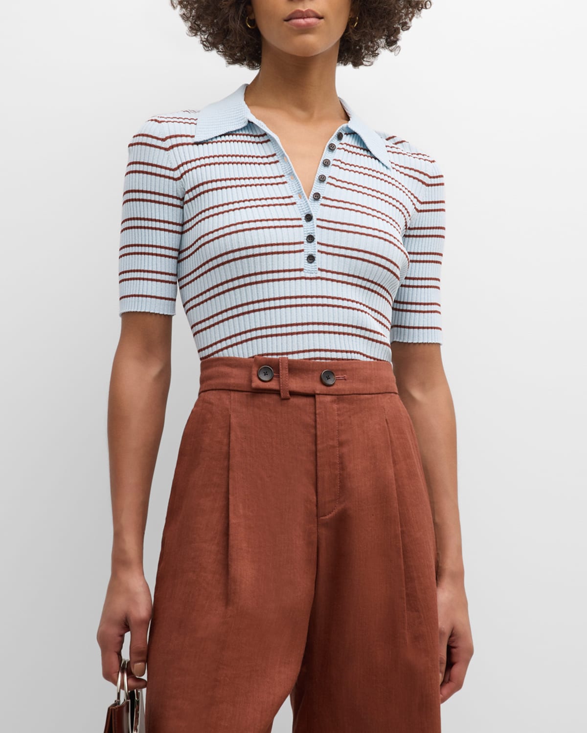 Shop A.l.c Sydney Striped Knit Polo Top In Ice Water