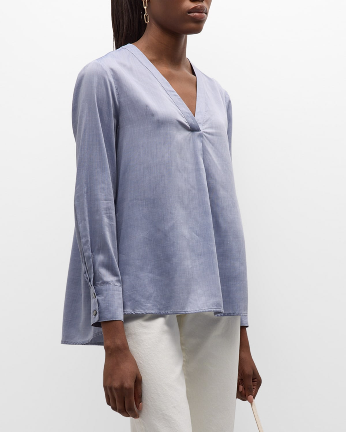 HARSHMAN CASSIAN HIGH-LOW PLEATED V-NECK BLOUSE