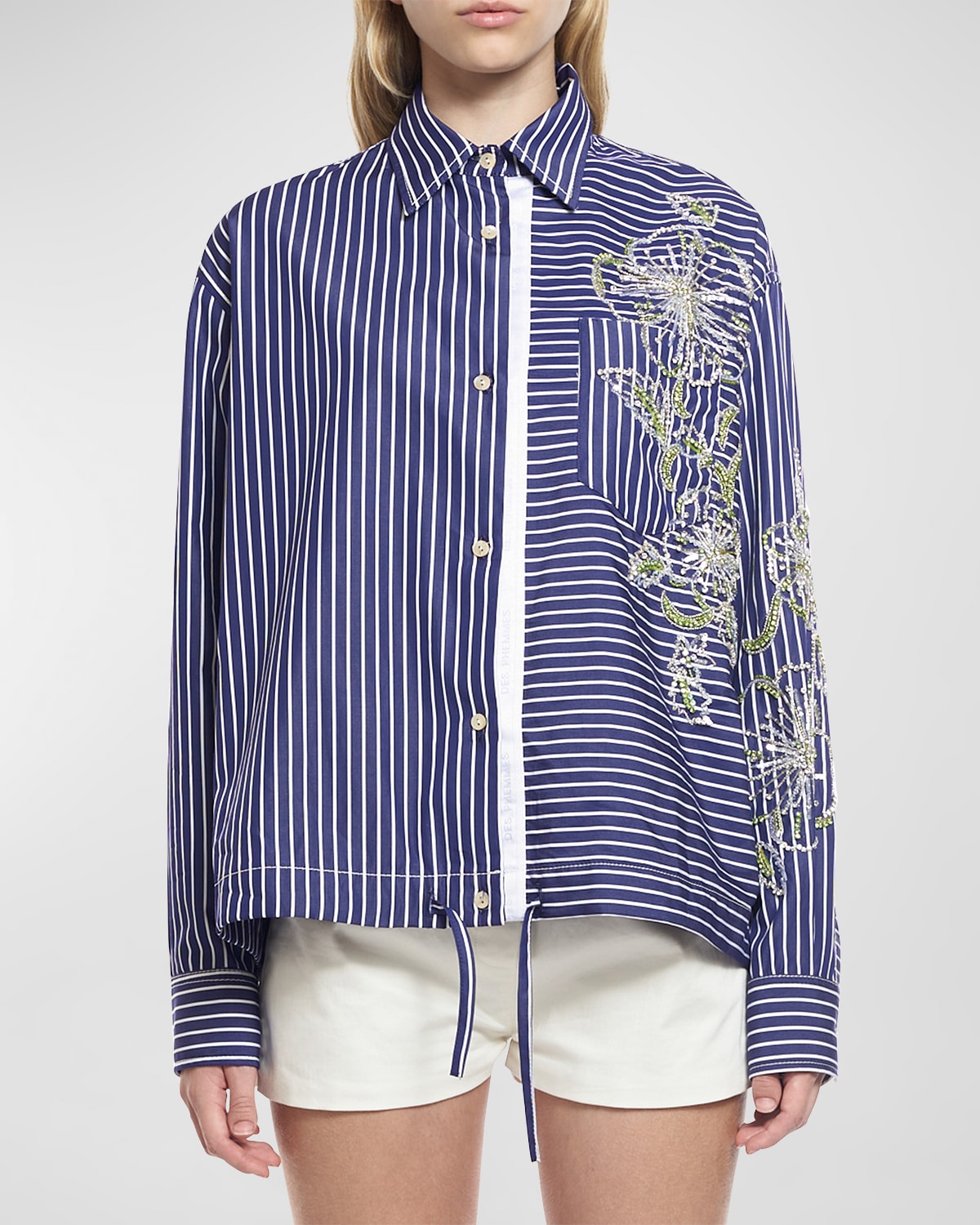 Shop Des Phemmes Hibiscus Embroidered Stripe Shirt In Dark Blue White