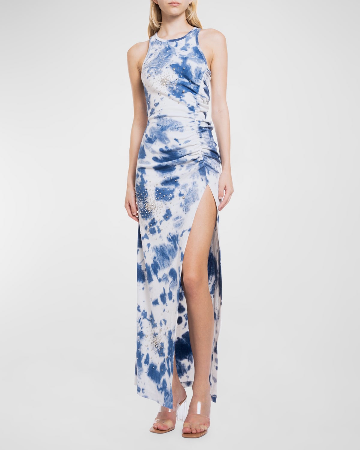 Shop Des Phemmes Sleeveless Rhinestone Tie-dye Maxi Dress In Dark Blue White