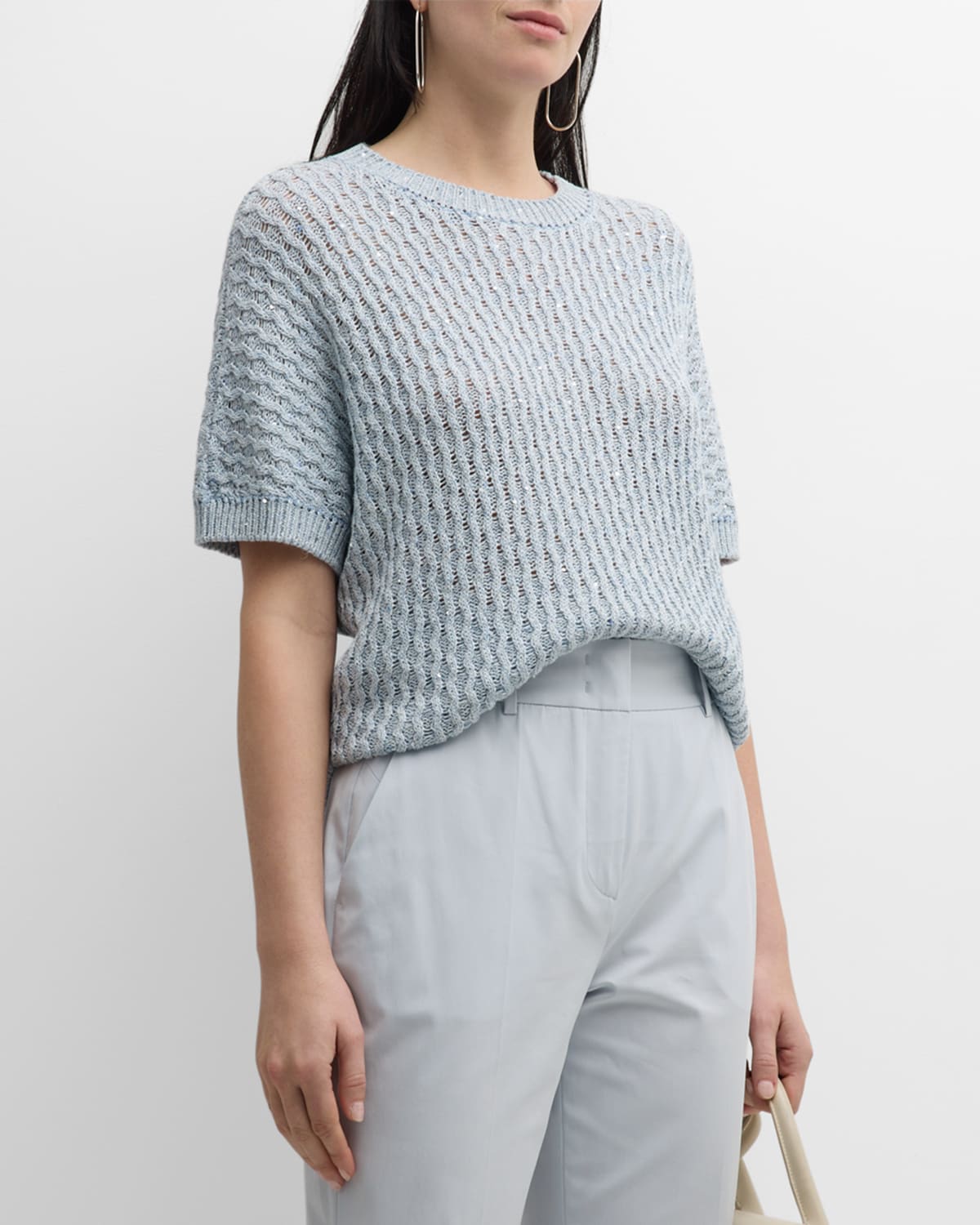 Shop Eleventy Sequin Cable-knit Crewneck Sweater In Baby Blue