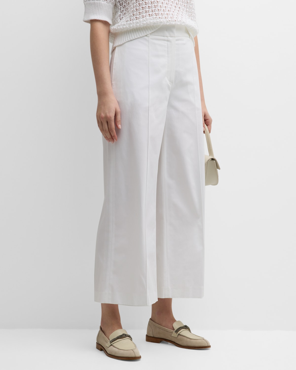Shop Eleventy Cropped High-rise Wide-leg Pintuck Pants In White