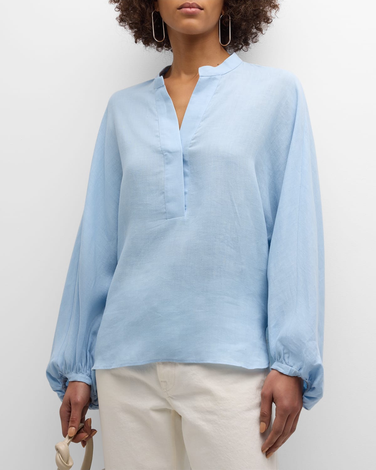 Shop Eleventy Blouson-sleeve Linen Shirt In Baby Blue
