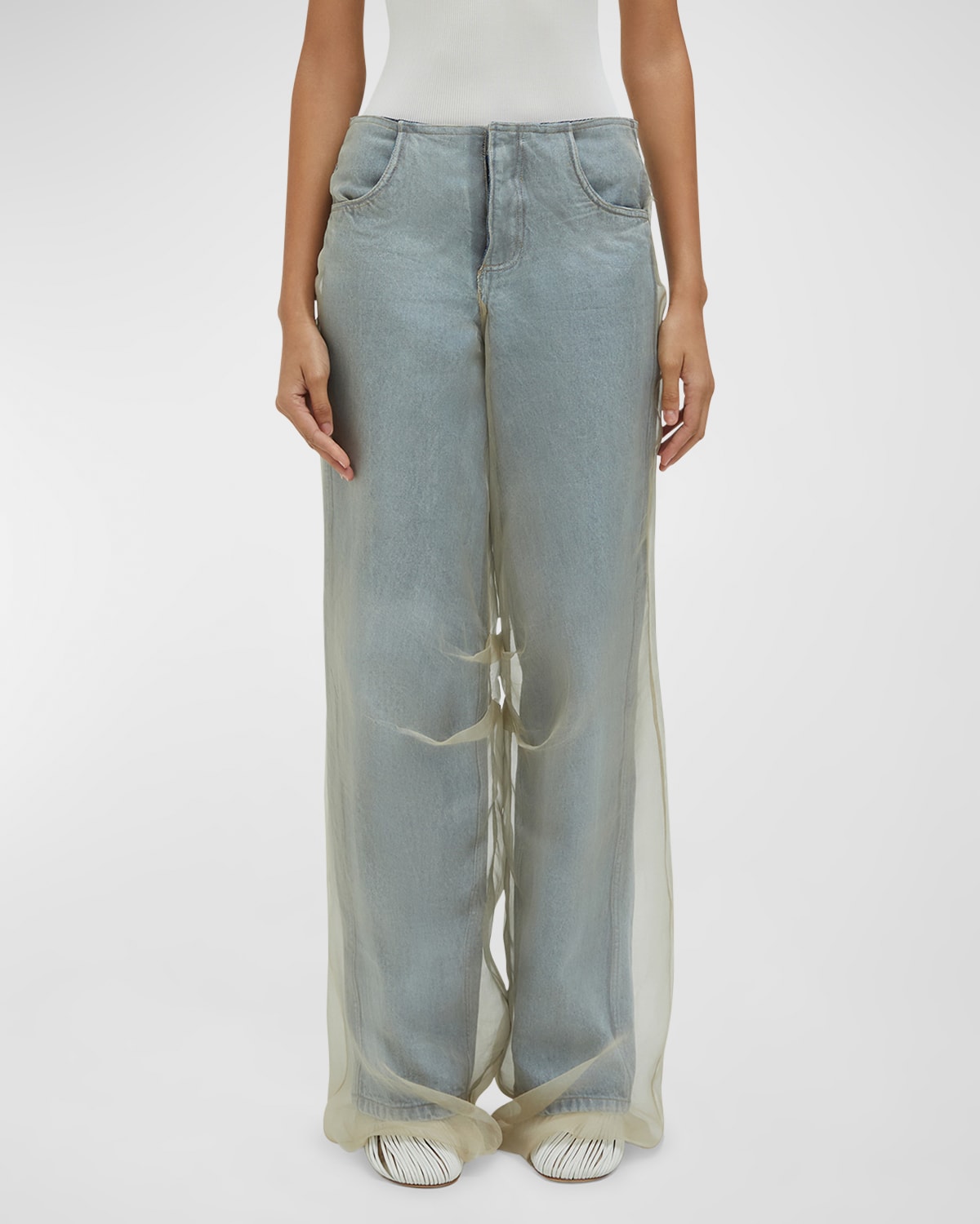 Shop Christopher Esber Wide-leg Denim Jeans With Silk Parchment Overlay In Stone Blue Sand