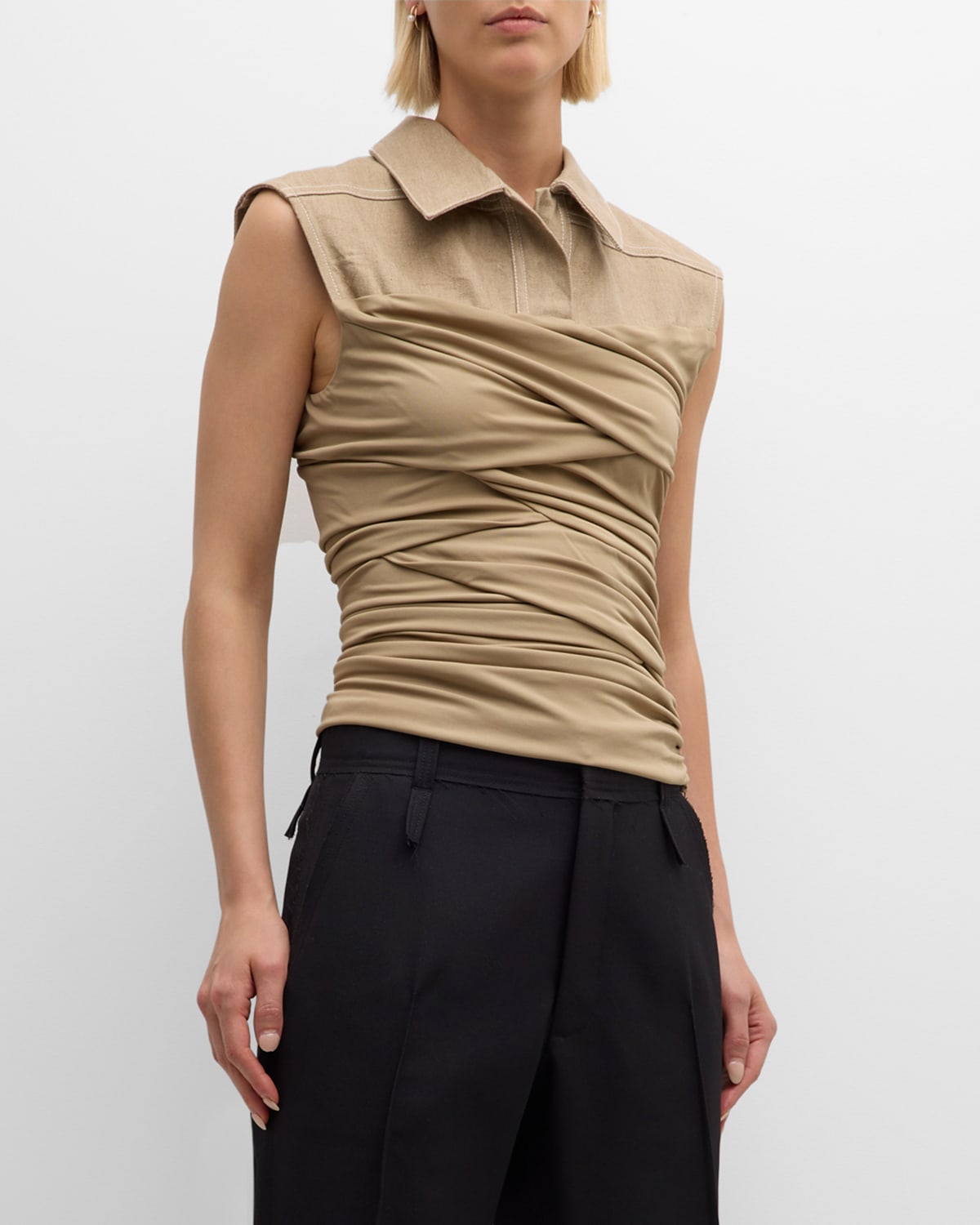 Shop Christopher Esber Calda Ruched Sleeveless Collared Top In Incense