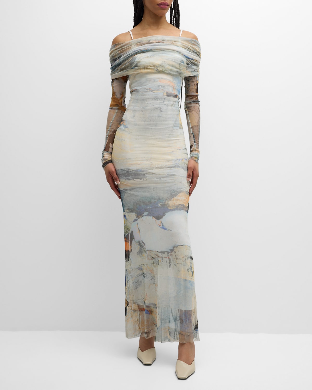 Veiled Low-Back Long-Sleeve Maxi Dress