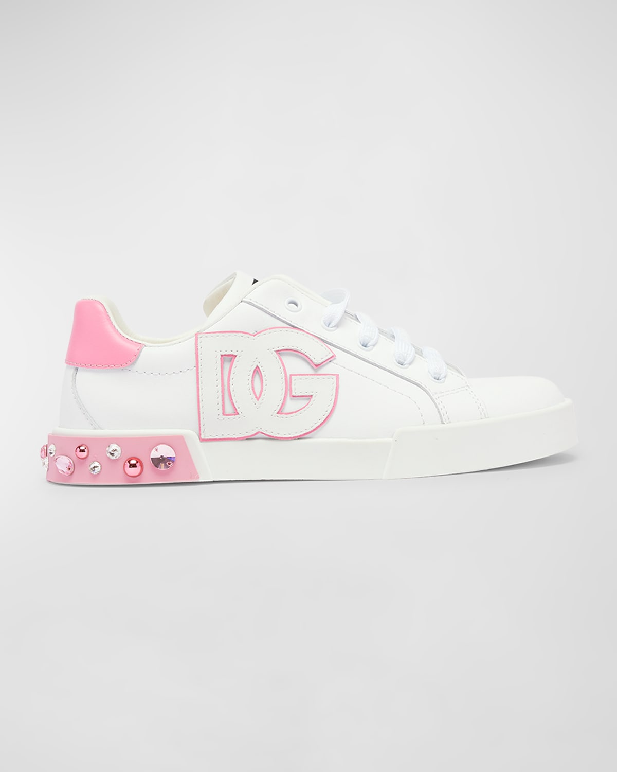 Dolce & Gabbana Girl's Portofino Embellished Low-top Trainers, Toddlers/kids In White/pink