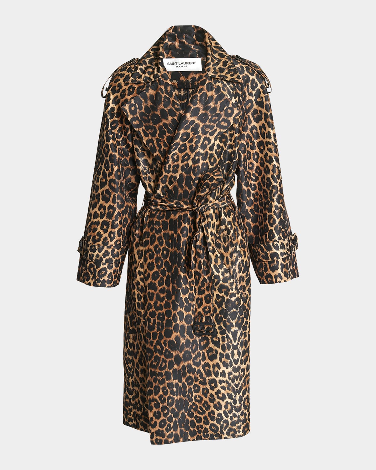 Saint Laurent Men's Taffeta Leopard Trench Coat In Miele-mult