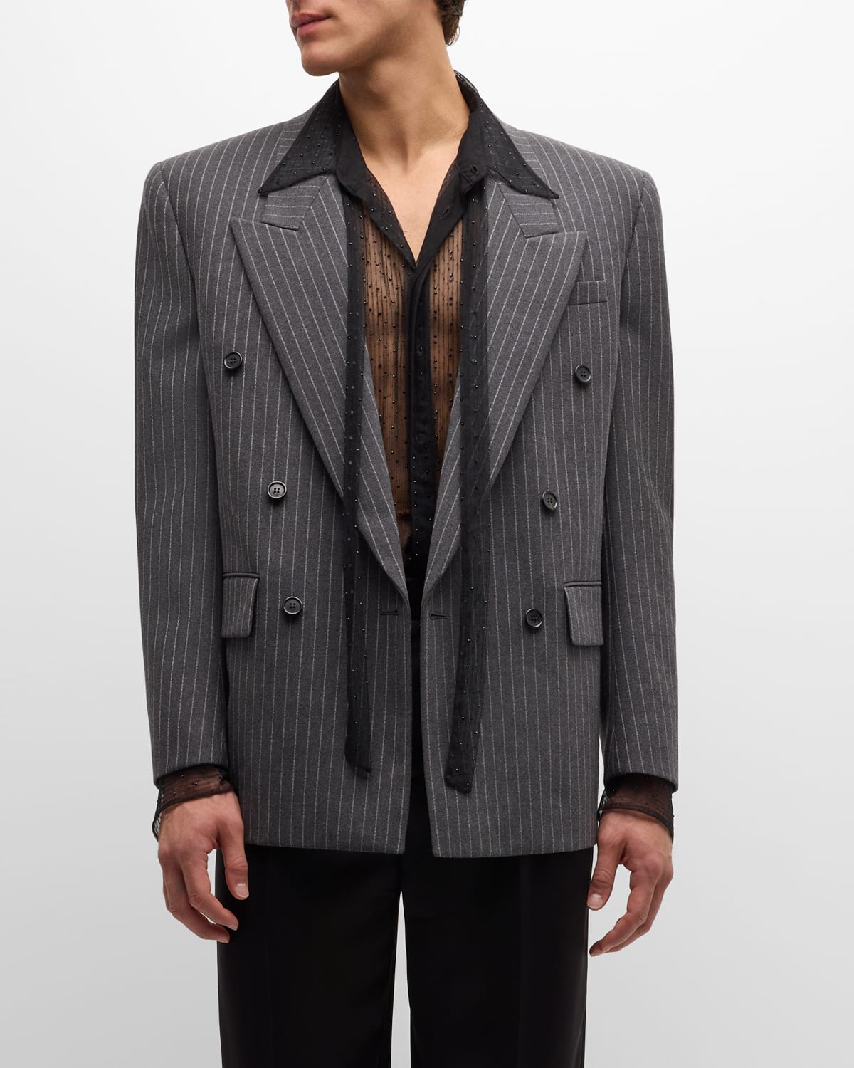 Shop Saint Laurent Men's Double-breasted Pinstripe Sport Coat In Opt.wht