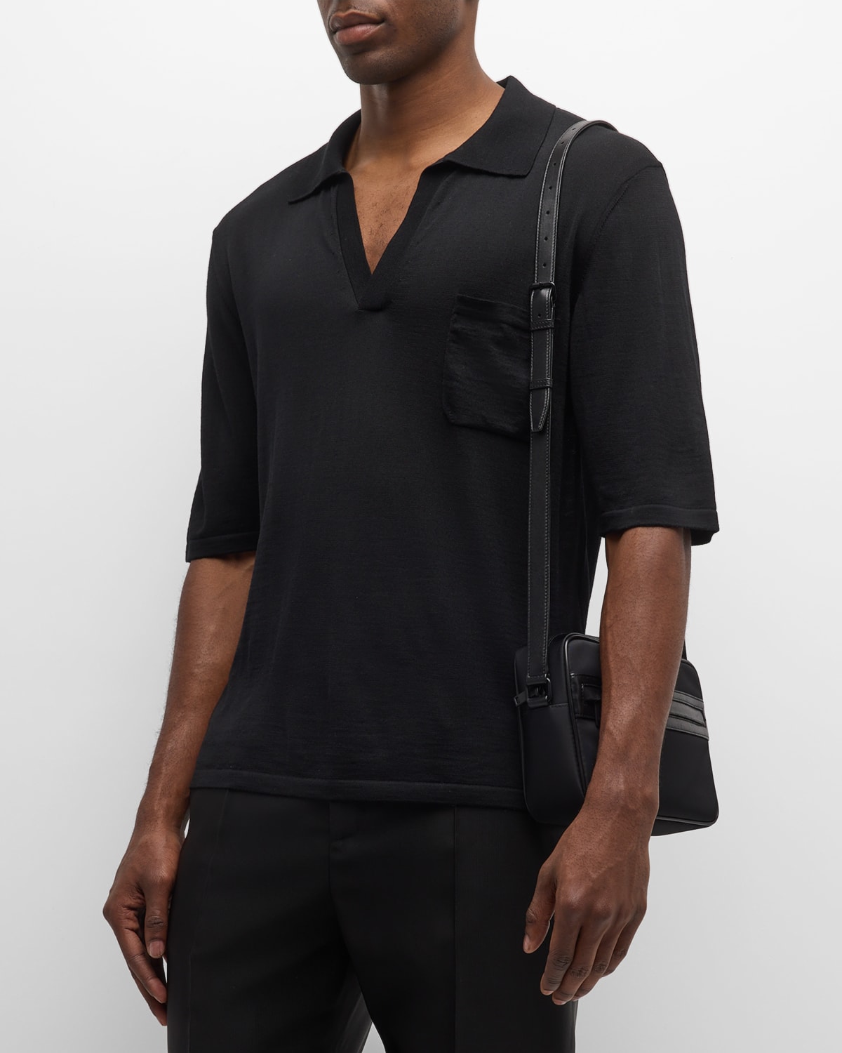 Shop Saint Laurent Men's Johnny-collar Knit Polo Shirt In Black-rame