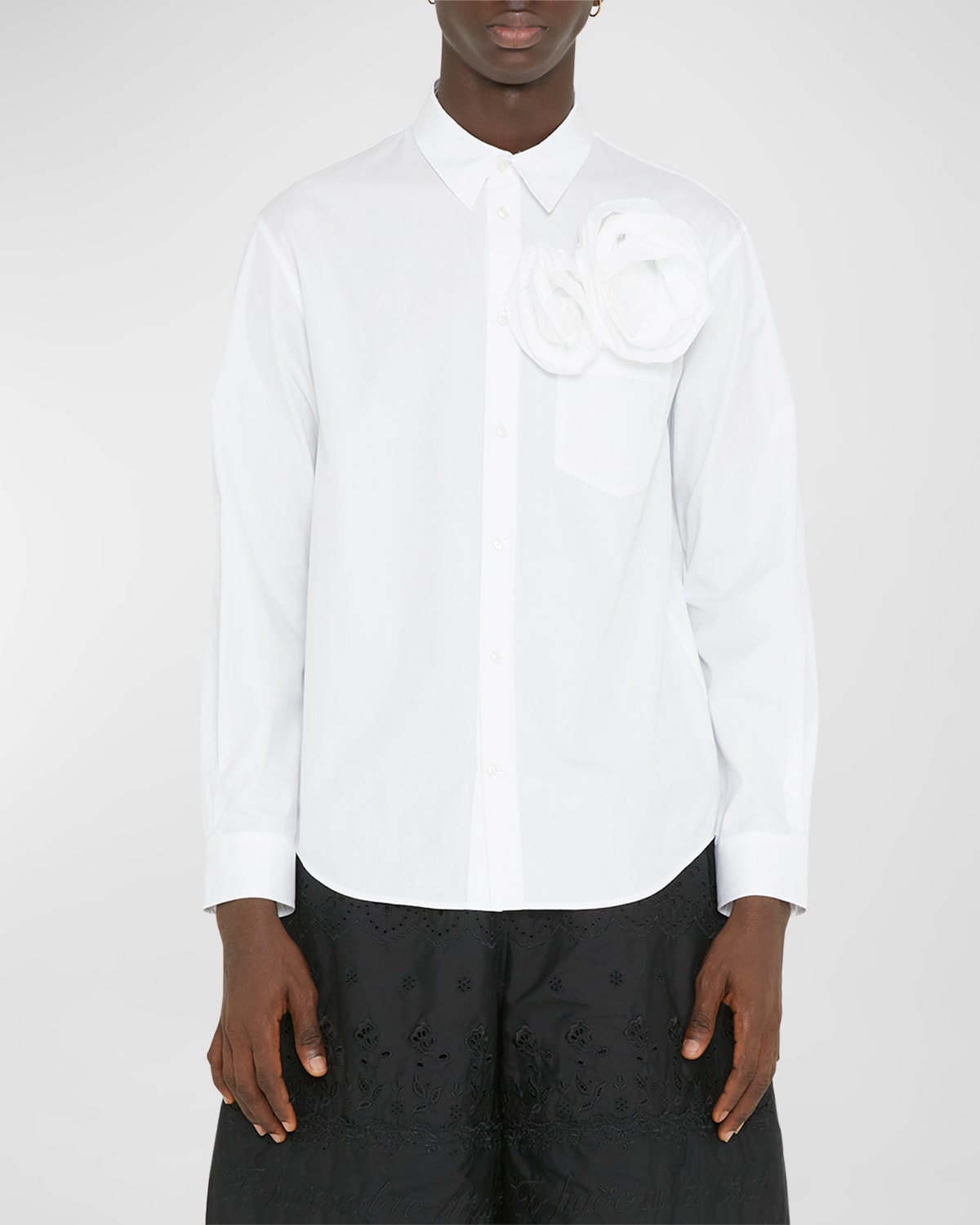 Shop Simone Rocha Men's Poplin Pressed Rose Applique Sport Shirt In White