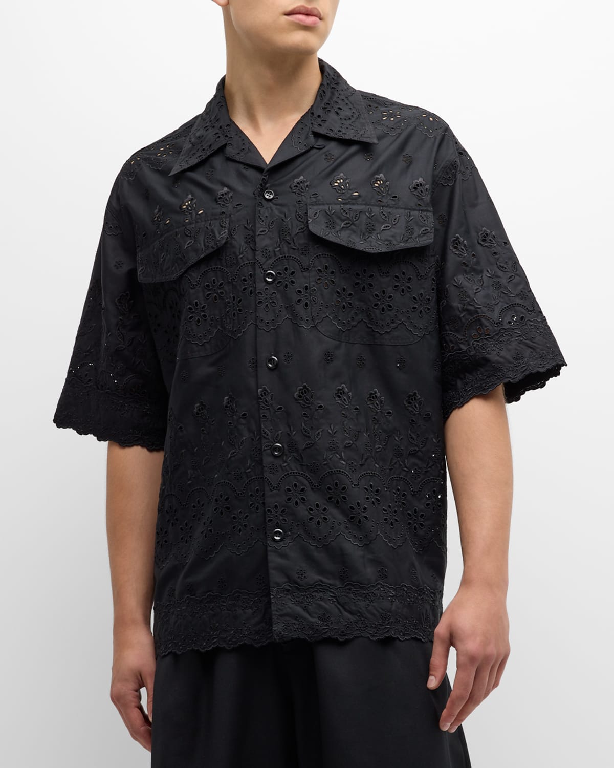 Shop Simone Rocha Men's Broderie Anglaise Relaxed Camp Shirt In Black/black