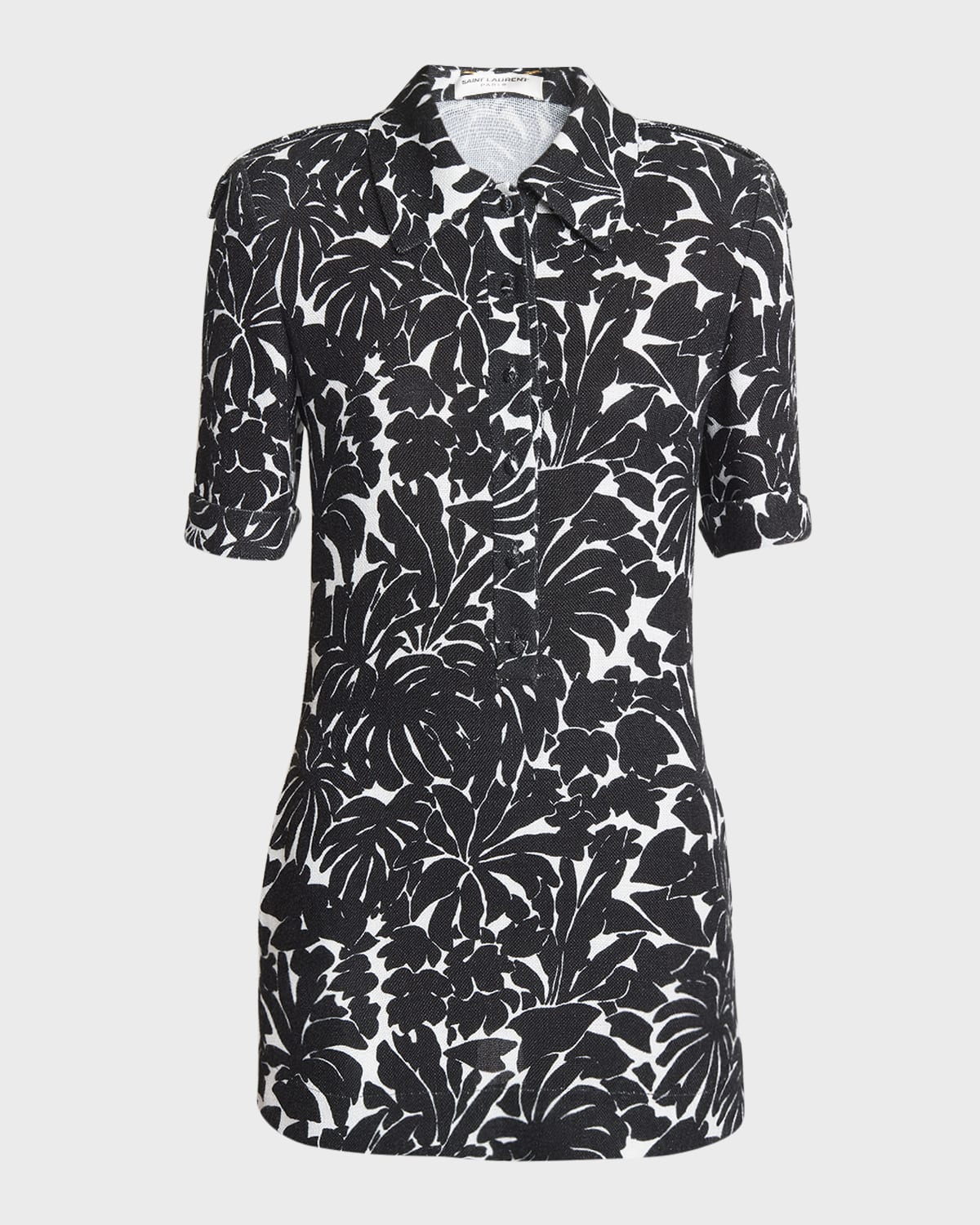 Shop Saint Laurent Palm Print Collared Mini Dress In Jade Noir