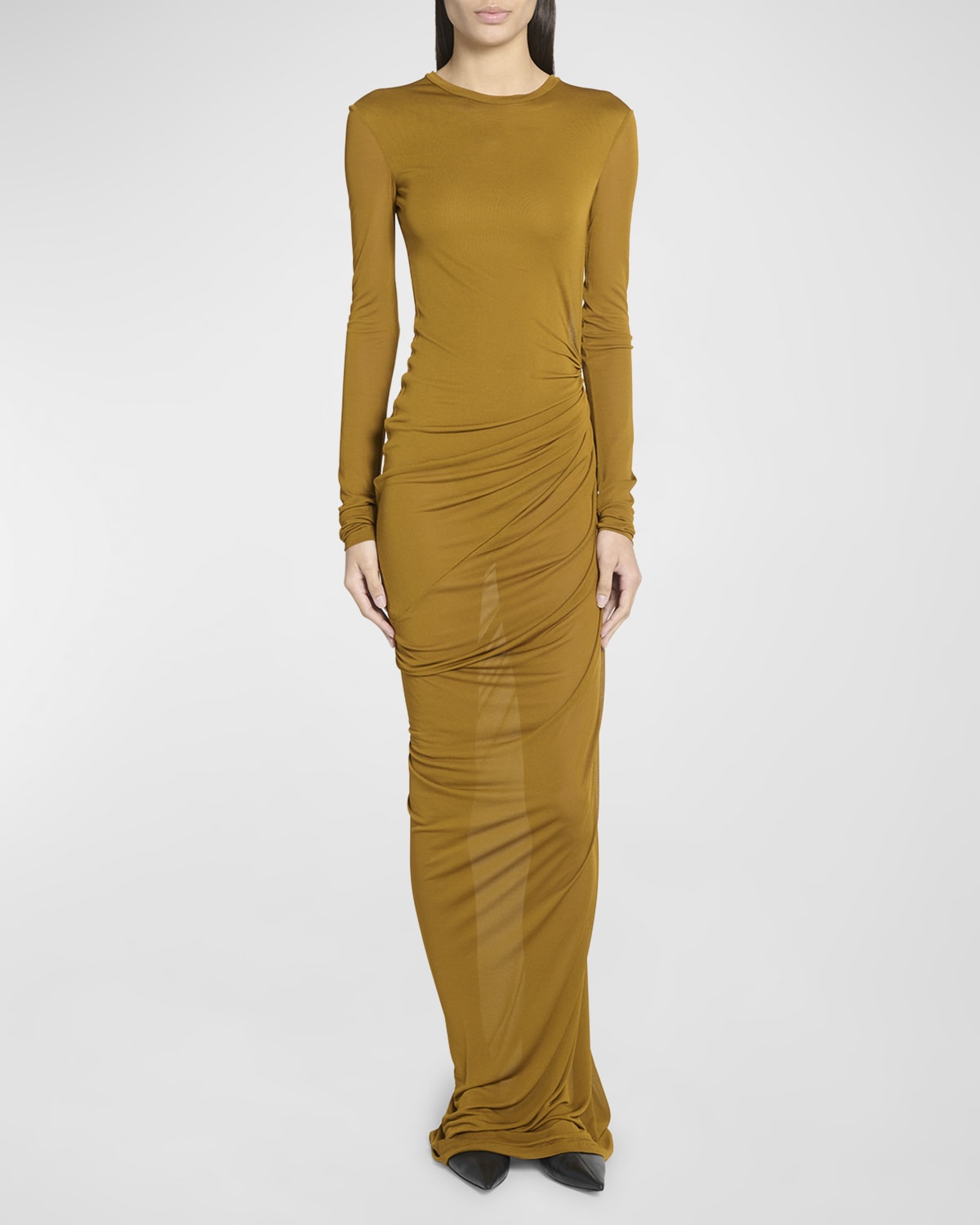 Saint Laurent Sheer Ruched Jersey Maxi Dress In Camel