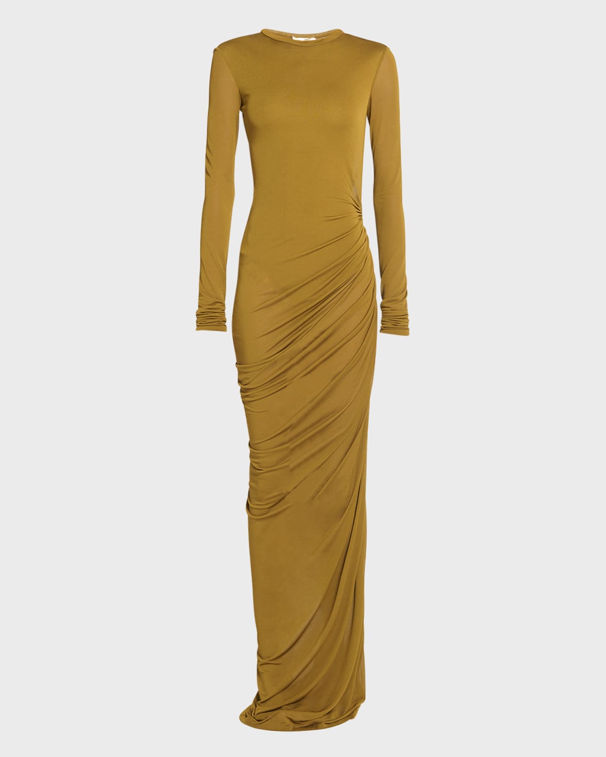 Shop Saint Laurent Sheer Ruched Jersey Maxi Dress In Camel