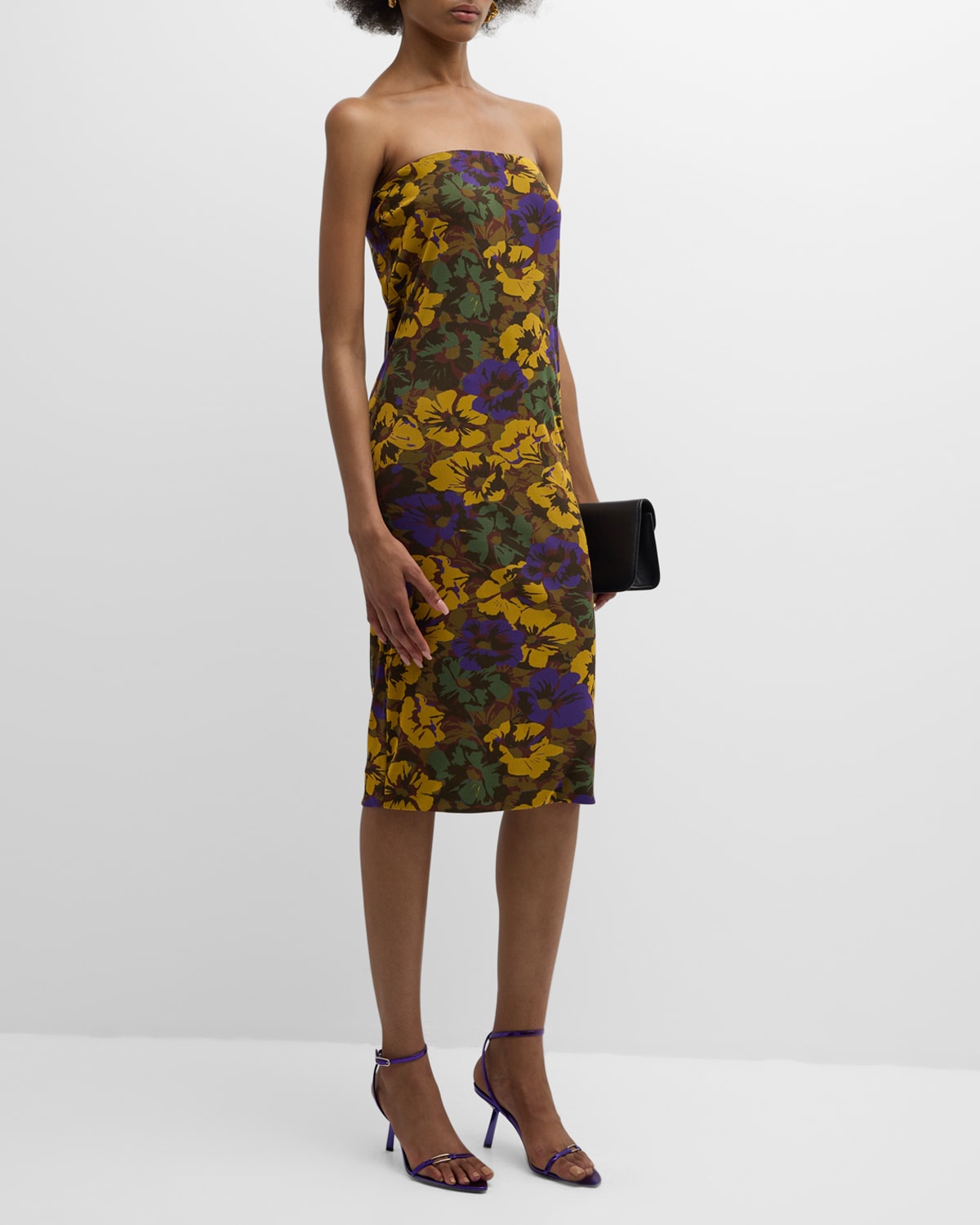 Shop Saint Laurent Floral-print Strapless Dress In Carbonblk