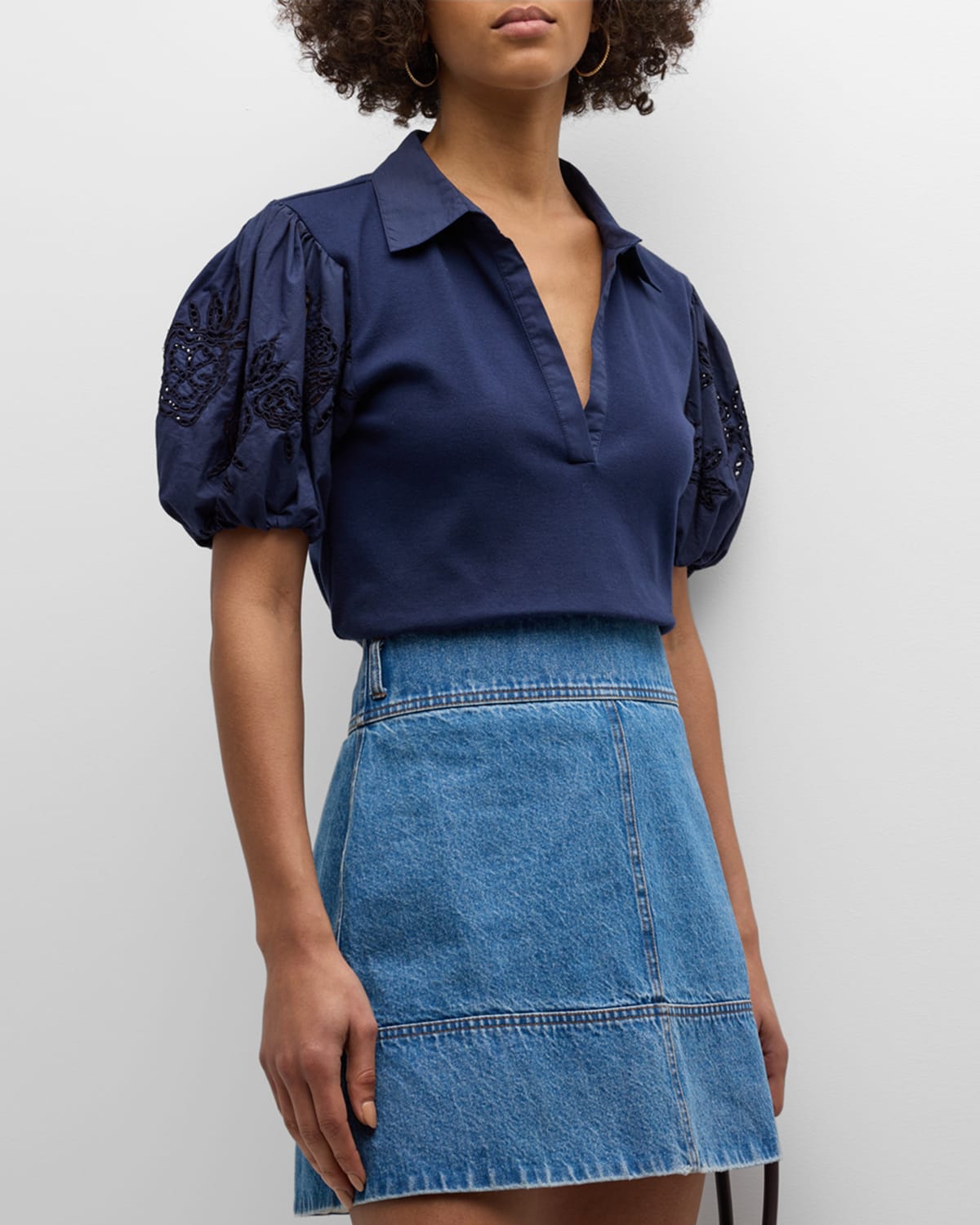 Tory Puff-Sleeve Embroidery Collared Poplin Top