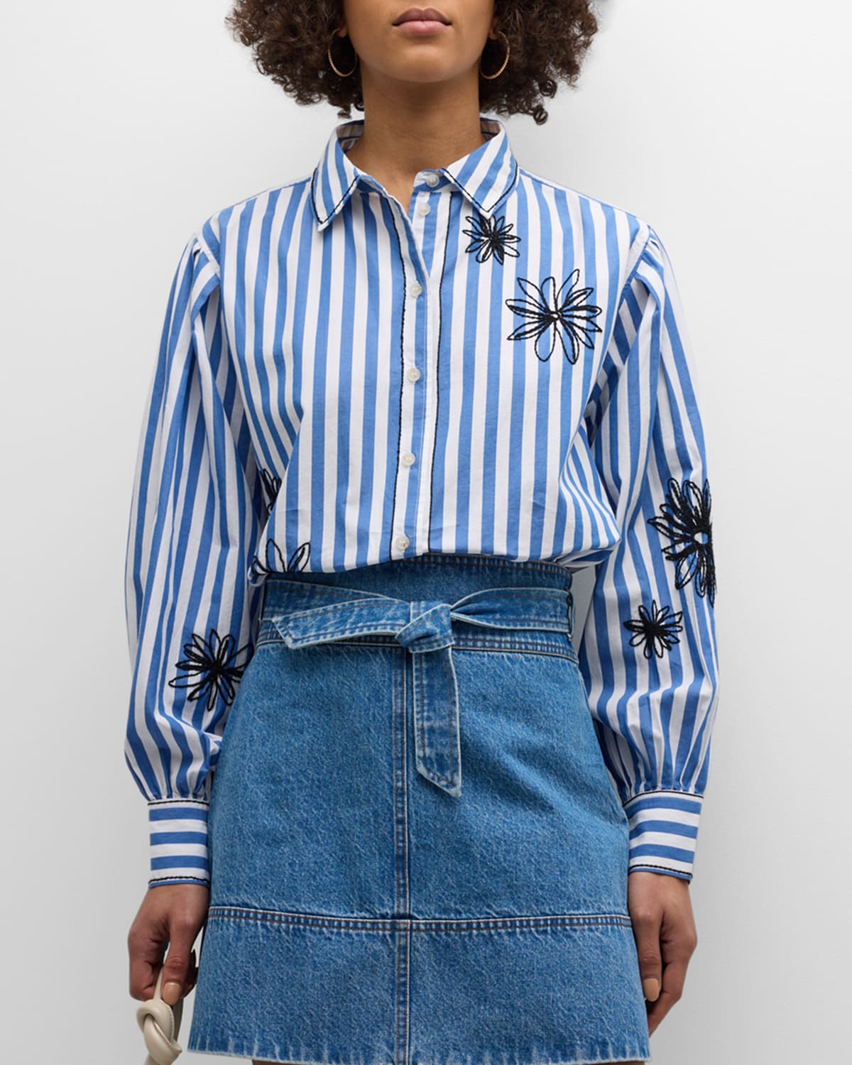 Davina Cotton Stripe Floral Embroidered Shirt