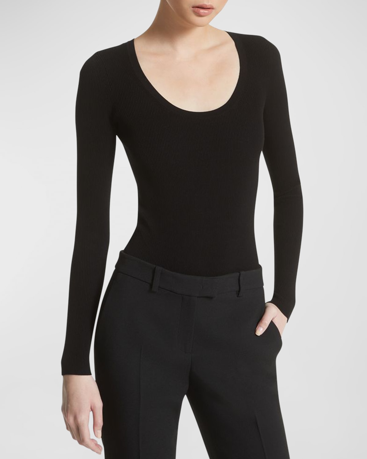 Shop Michael Kors Scoop-neck Long-sleeve Jersey Bodysuit In Black