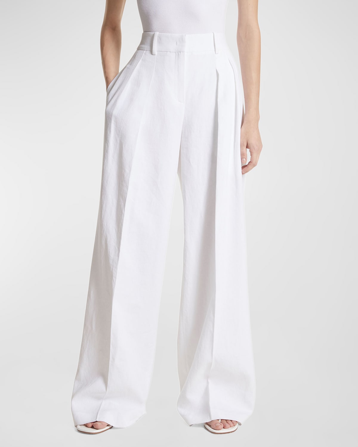 Shop Michael Kors Sandwashed Linen Pleated Slouch Trousers In Optic Whit