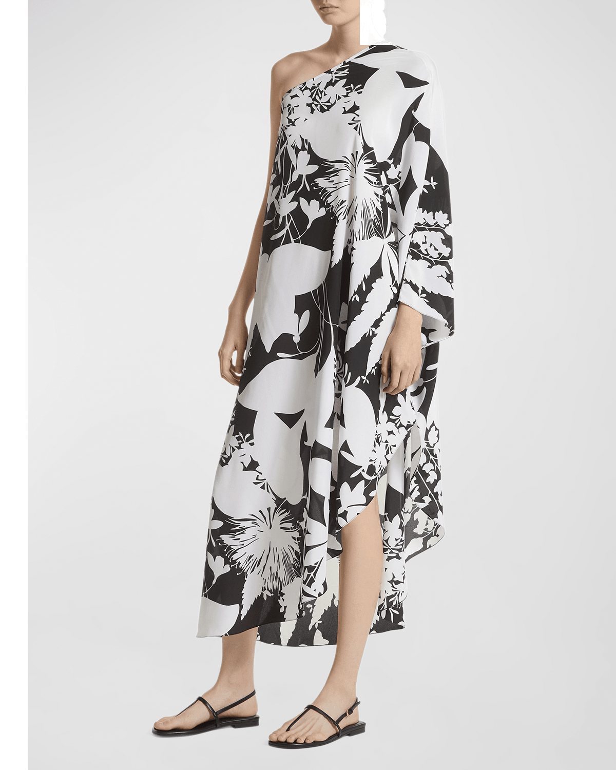 Michael Kors Shadow Floral-print One-shoulder Organic Crepe De Chine Asymmetric Caftan Dress In Blackoptw