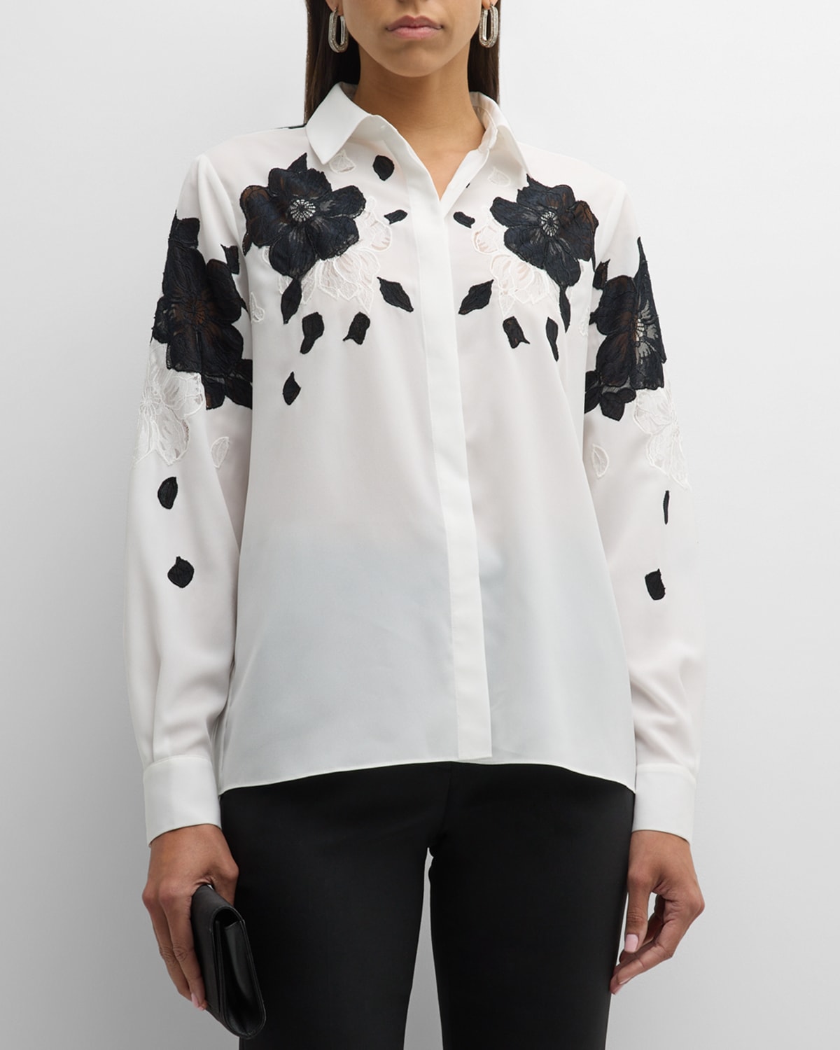 Shop Elie Tahari The Shae Button-down Floral Lace Silk Shirt In Sky White