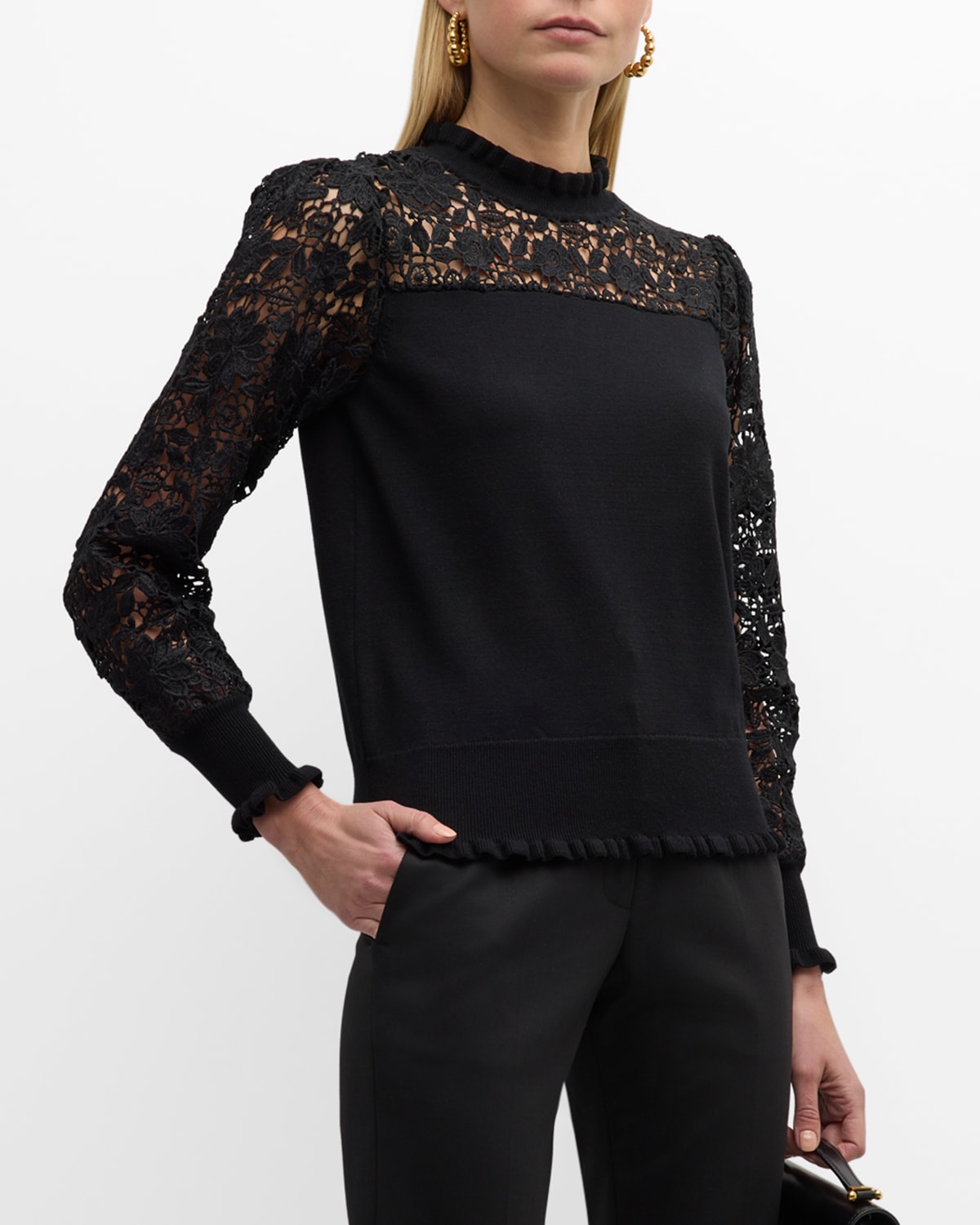 Elie Tahari The Felicity Ruffle-trim Floral Crochet Sweater In Noir