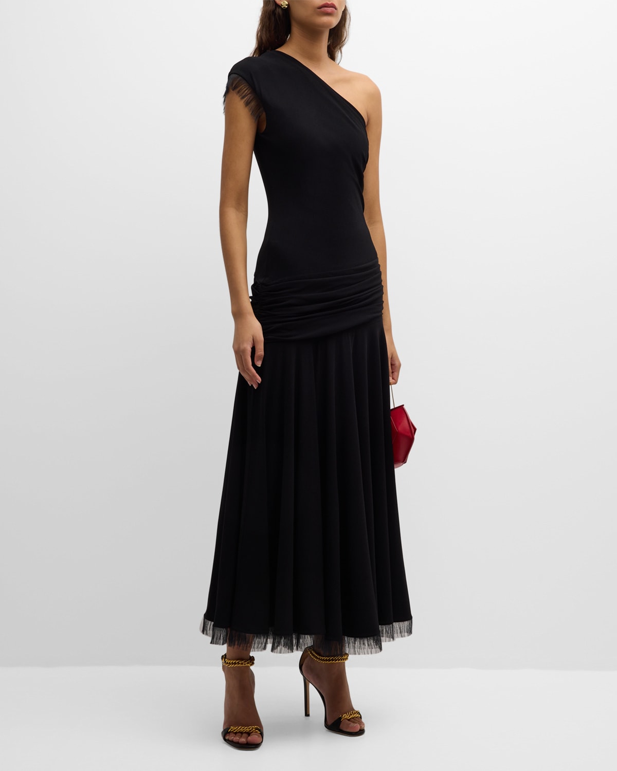 Shop Brandon Maxwell Tess Fringed One-shoulder Draped Drop-waist Maxi Dress In Black