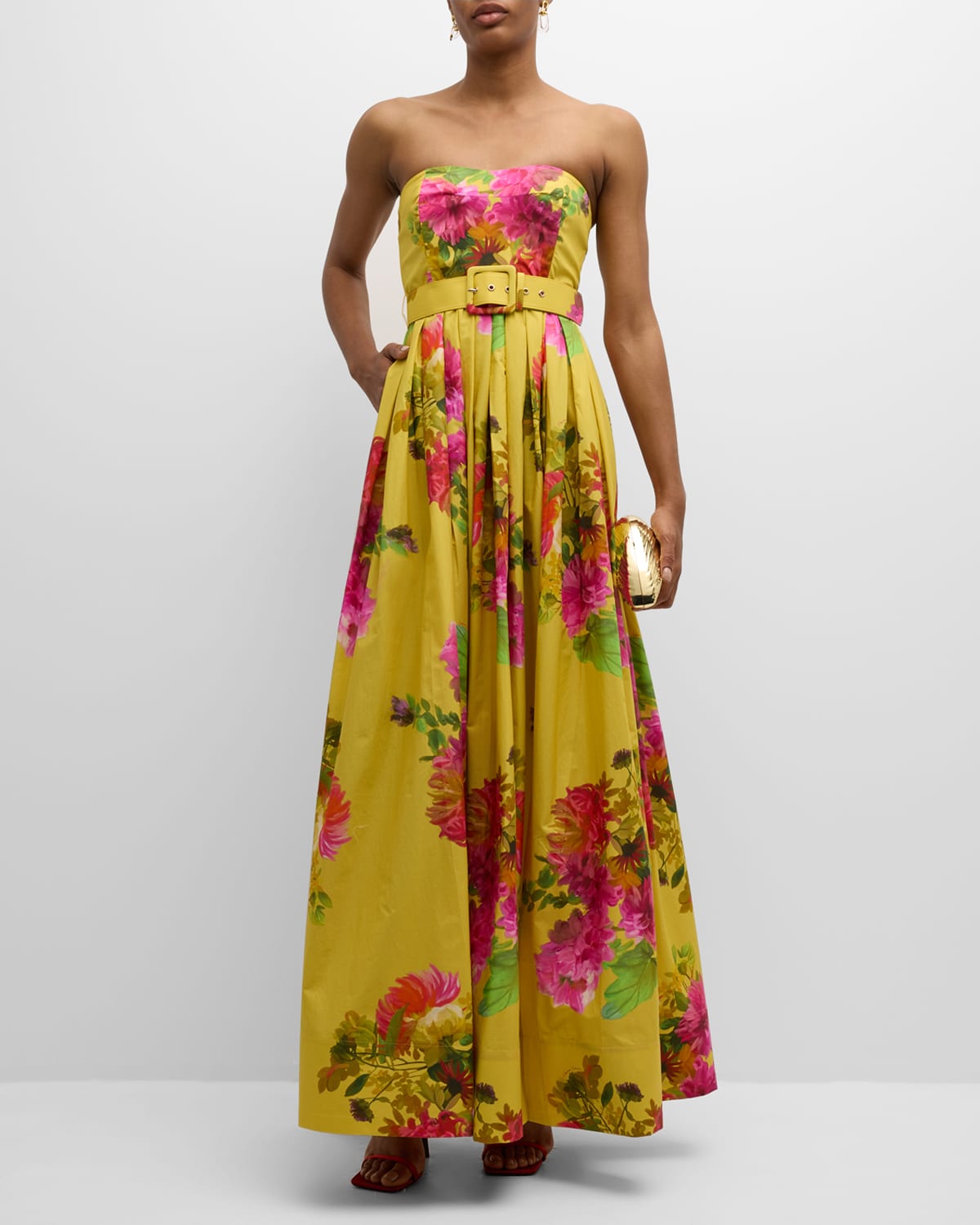 Shop Cara Cara Greenfield Strapless Belted Floral Poplin Gown In Floral Cream Gold