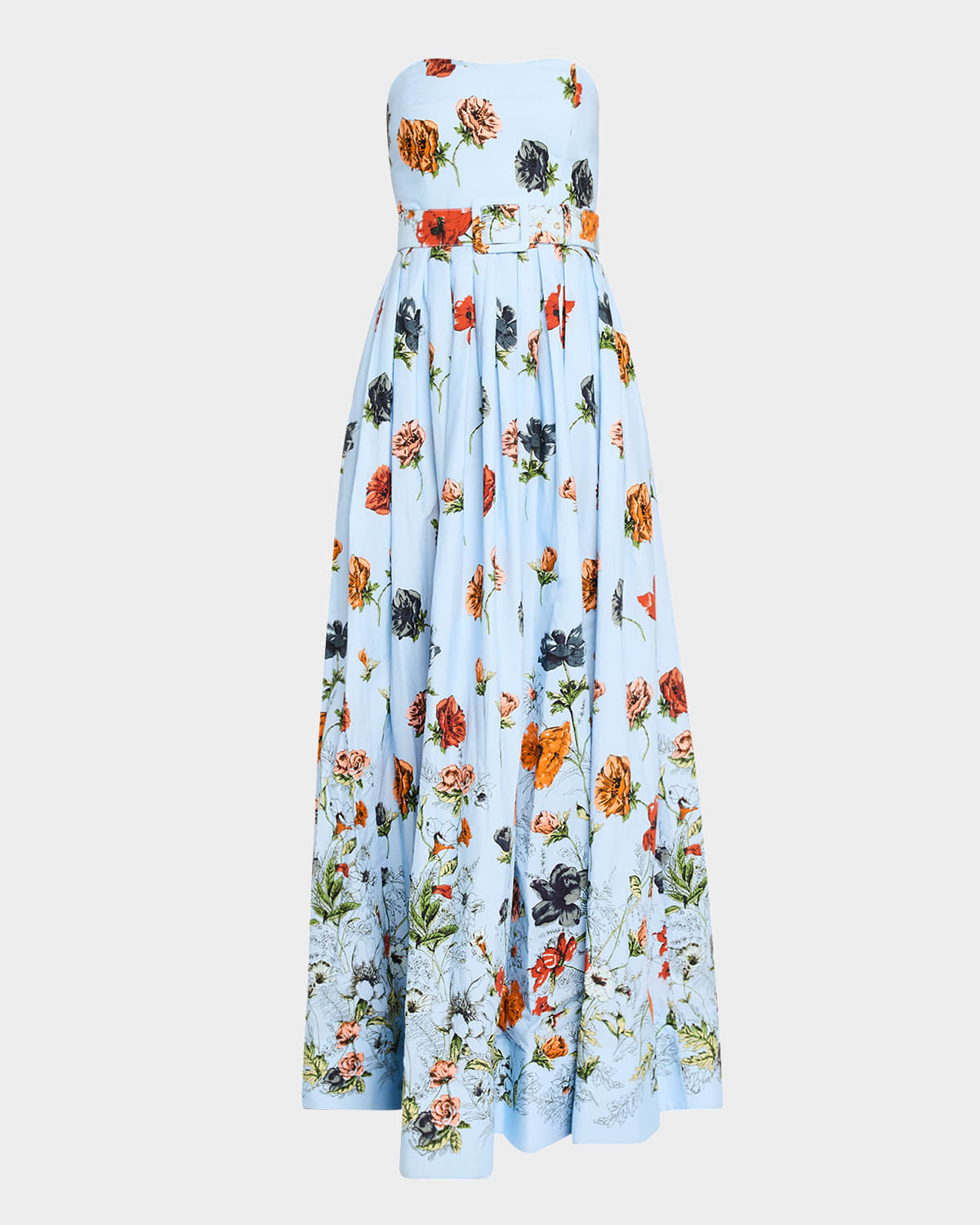 Greenfield Strapless Belted Floral Poplin Gown