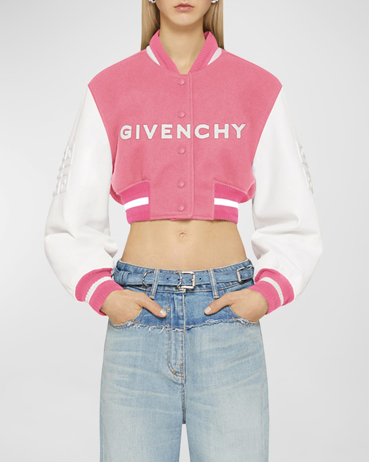 Shop Givenchy Cropped Varsity Jacket With Logo Detail In Pinkwhite