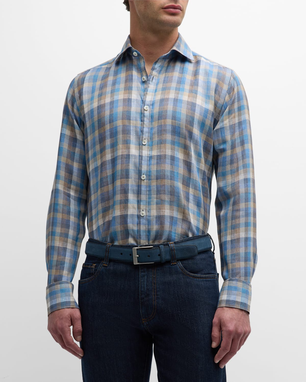 Shop Canali Men's Linen Check Casual Button-down Shirt In Blue