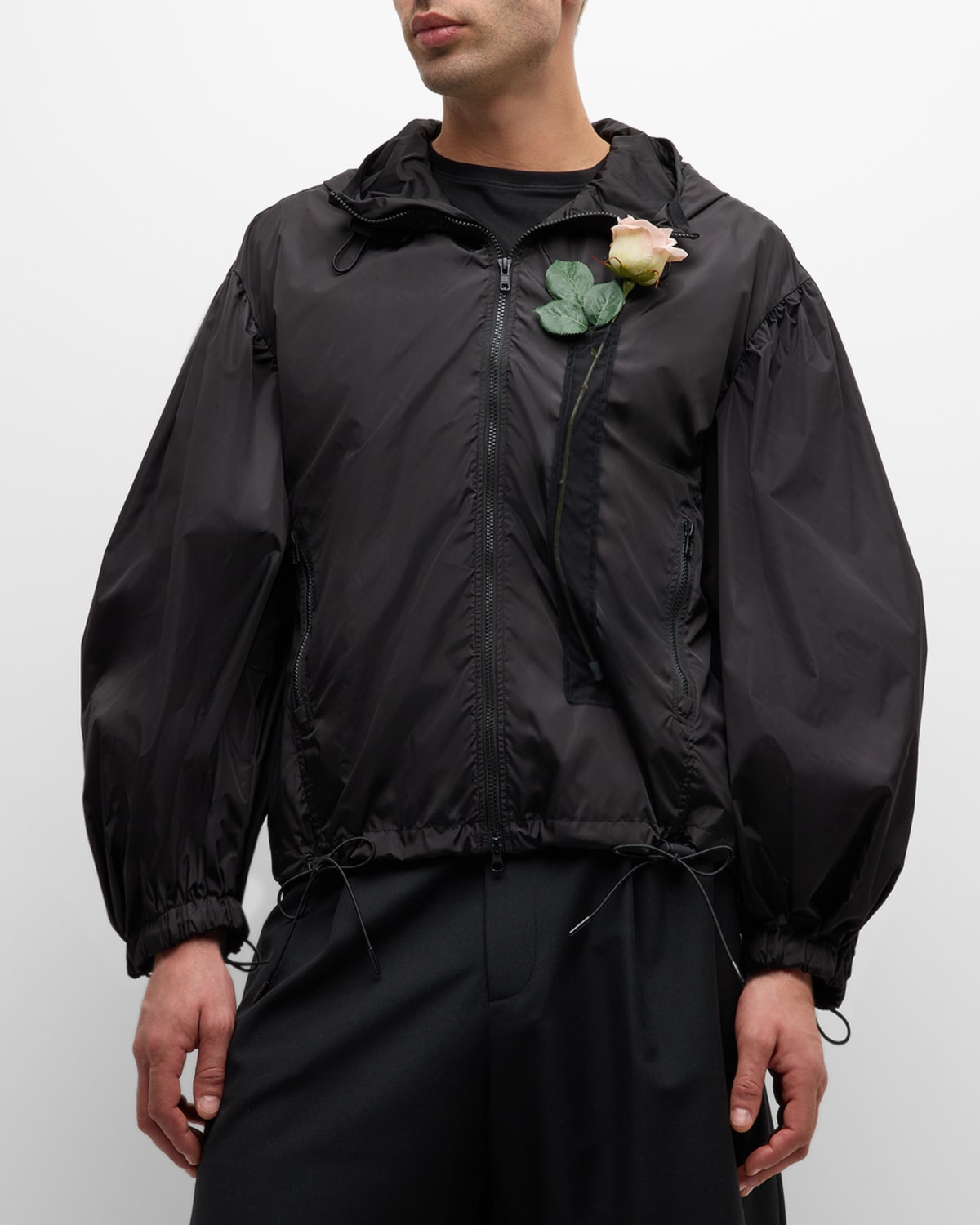 Simone Rocha Men's Puff-sleeve Jacket With Flower In Black/black