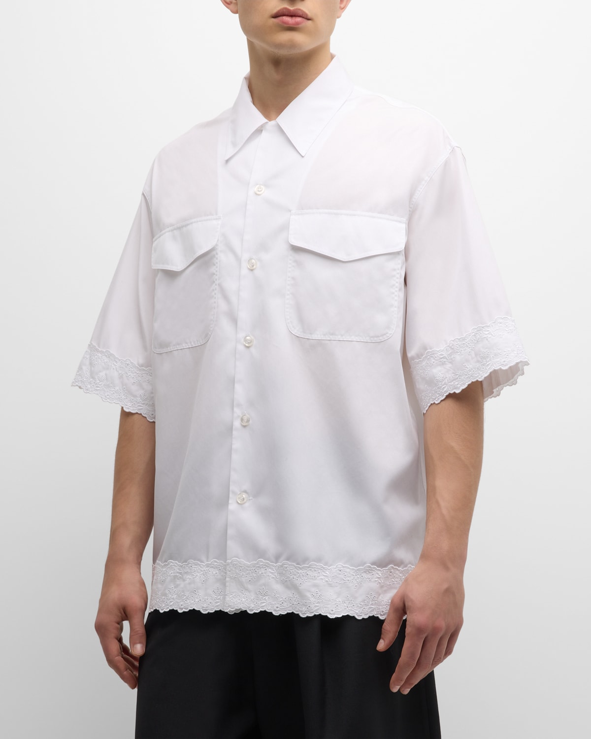 Shop Simone Rocha Men's Broderie Anglaise Button-down Shirt In White/white