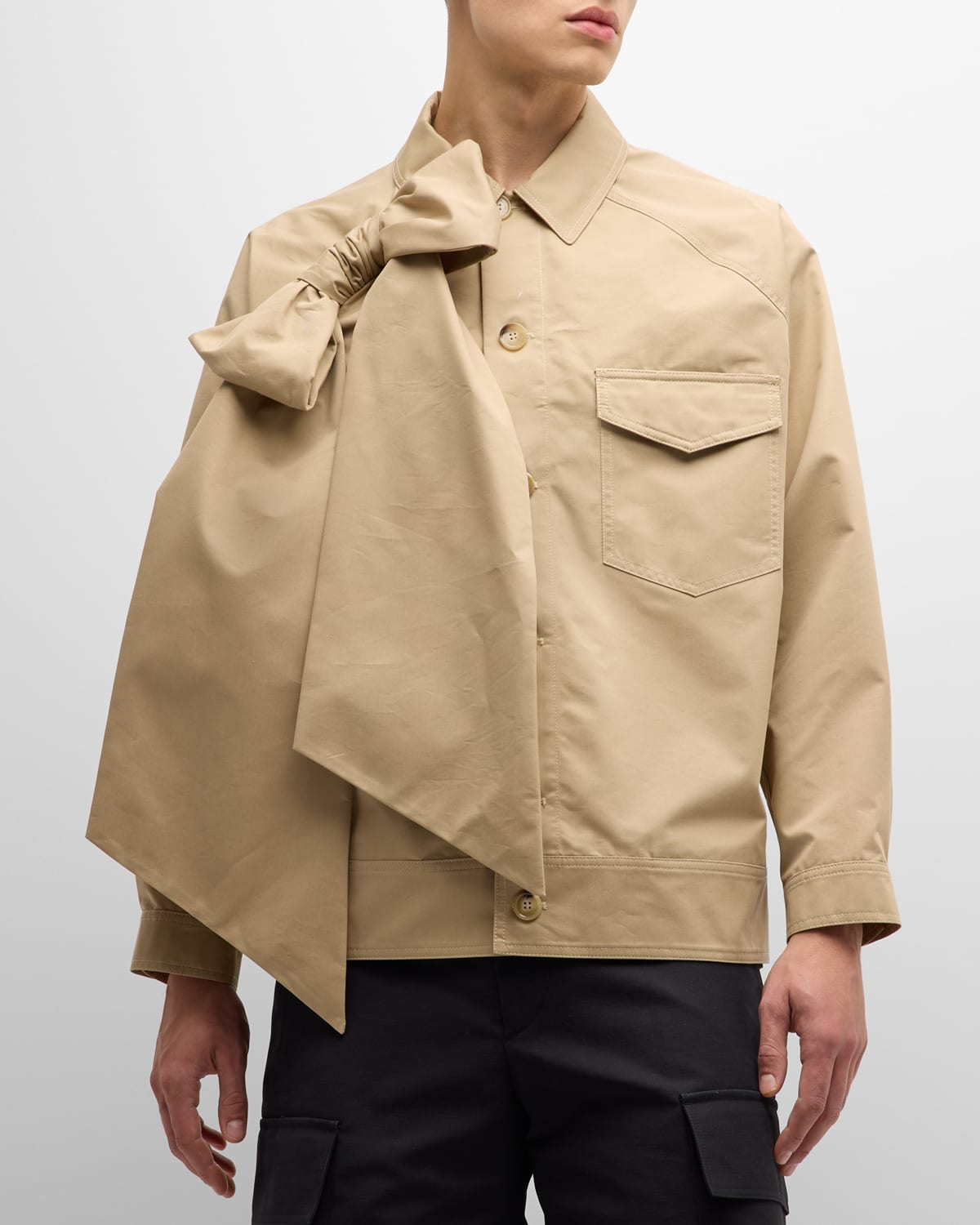 Shop Simone Rocha Men's Dolman Workwear Jacket With Bow In Taupe