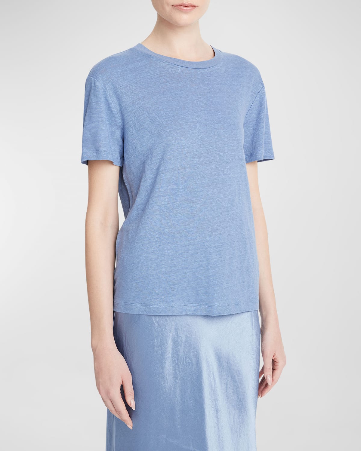Shop Vince Drop-shoulder Linen Crewneck Short-sleeve T-shirt In Azure Gem