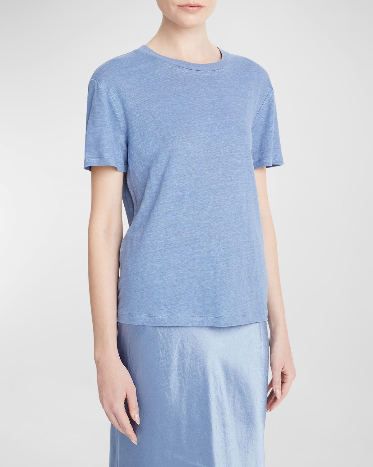 Vince Drop-shoulder Linen Crewneck Short-sleeve T-shirt In Azure Gem