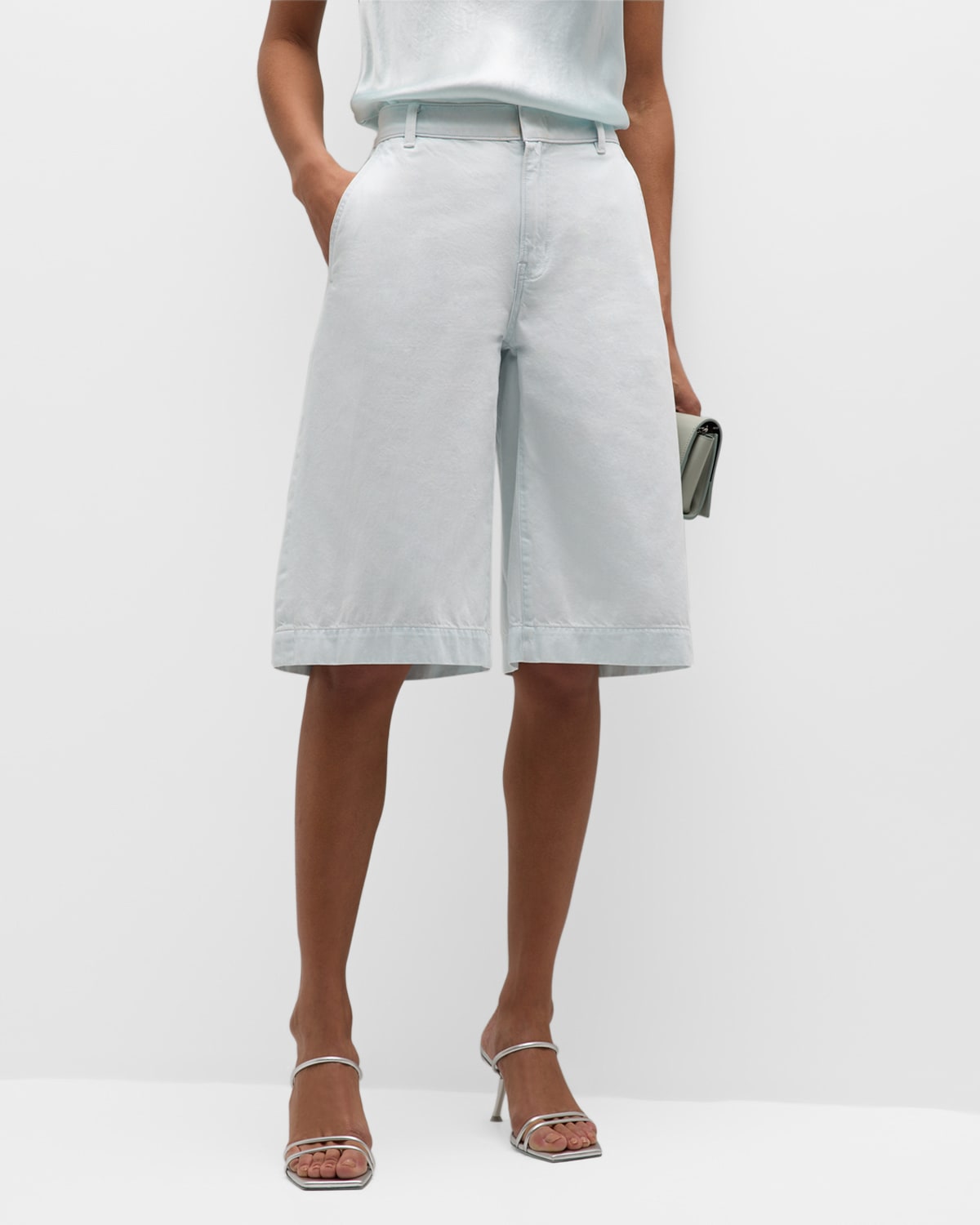 Shop Vince Relaxed Cotton Twill Long Shorts In Celestine