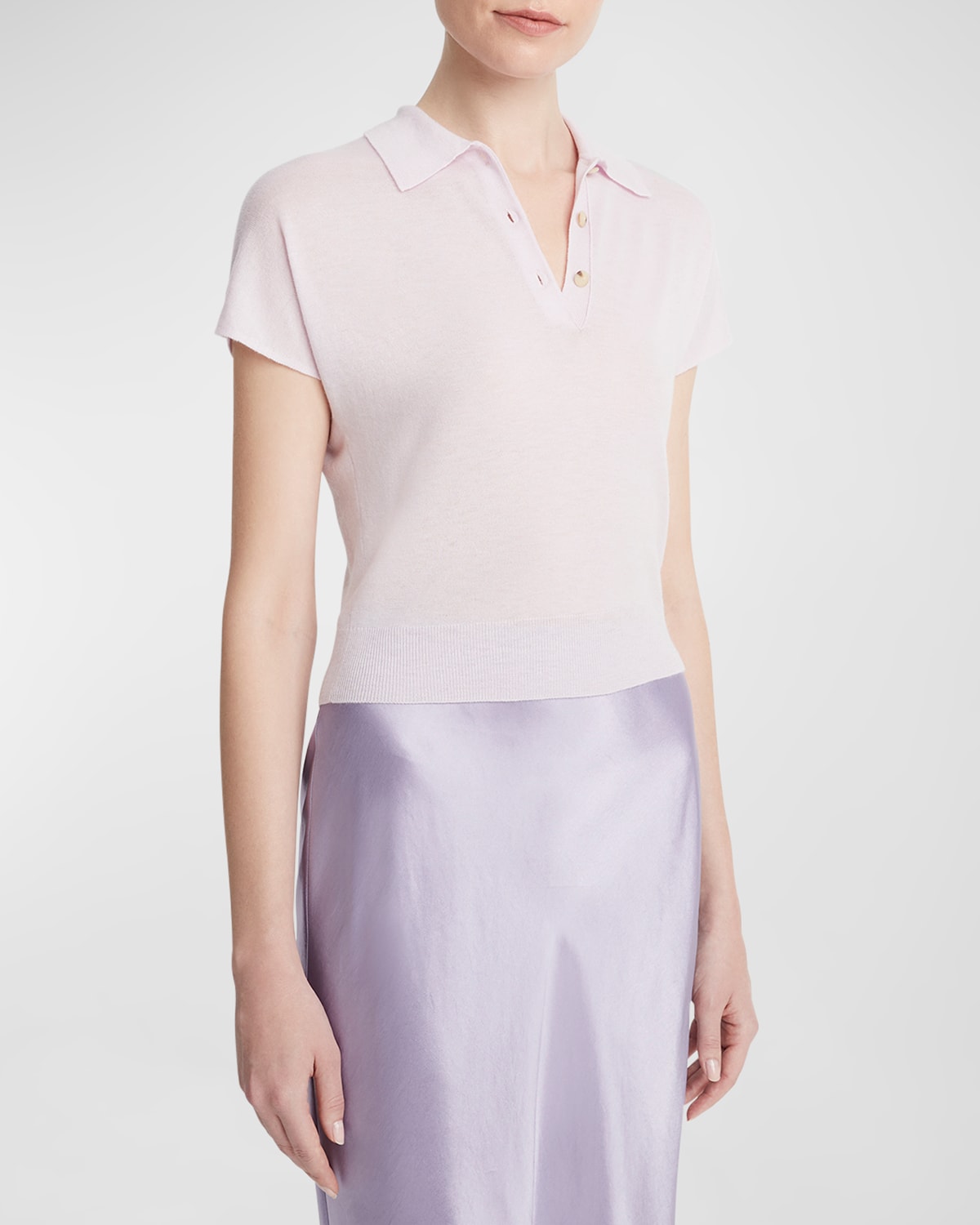 Shop Vince Wool Cashmere Cap-sleeve Polo Top In Peony