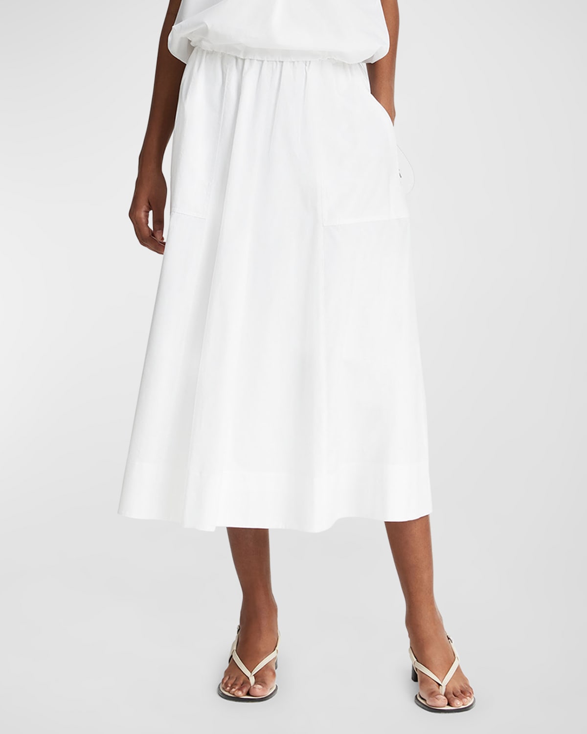 Shop Vince Gathered Utility Zip-pocket Cotton Midi Skirt In Optic White