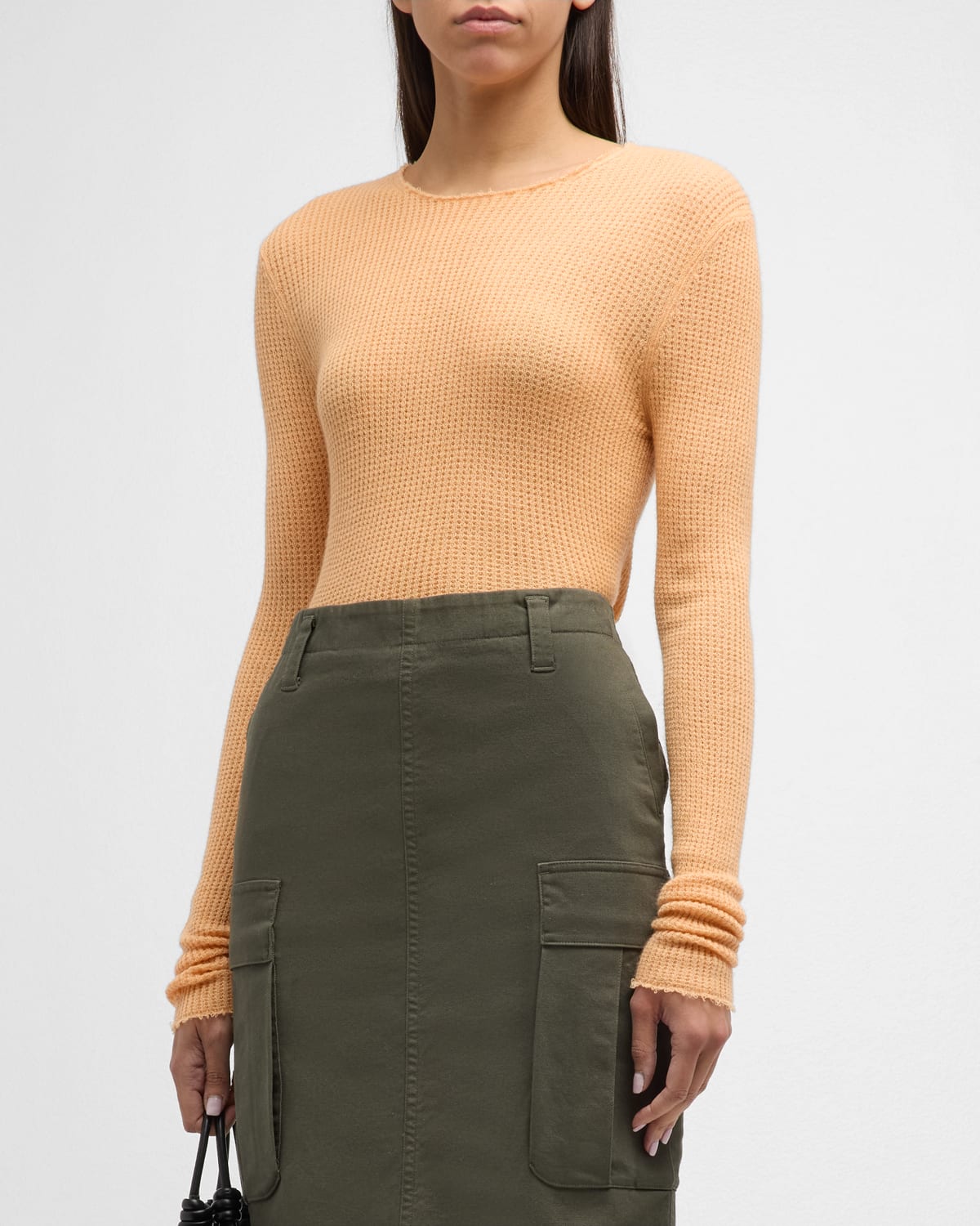 Vince Waffle-stitch Cashmere Silk Crewneck Pullover Top In Cantaloupe