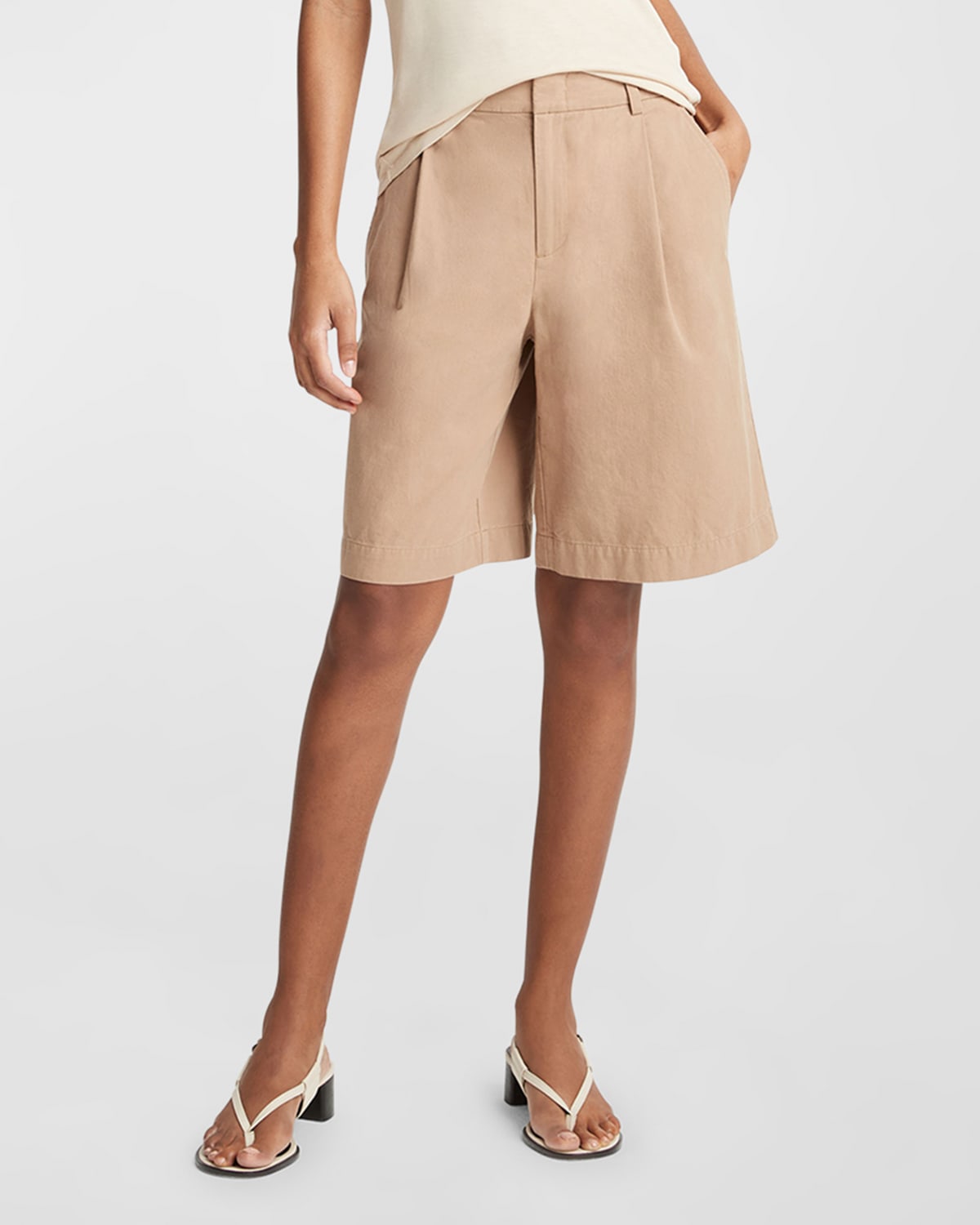 Shop Vince Washed Cotton Pleated Wide-leg Shorts In Cocoon