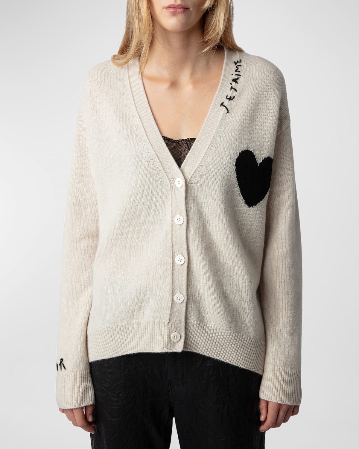 Zadig & Voltaire Mirka Intarsia Heart Embroidered Cashmere Cardigan In Judo
