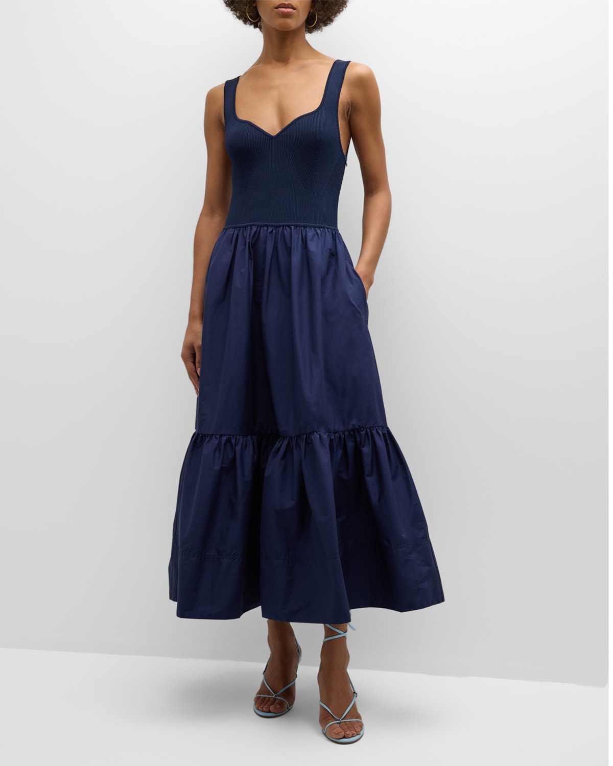 Shop Tanya Taylor Josephina Sleeveless Rib And Poplin Midi Dress In Maritime Blue