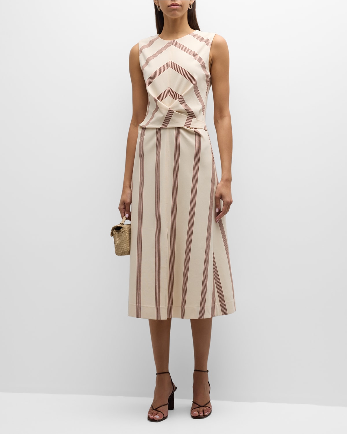 Tanya Taylor Theo Sleeveless Striped Crossover Midi Dress In Cream Brandy