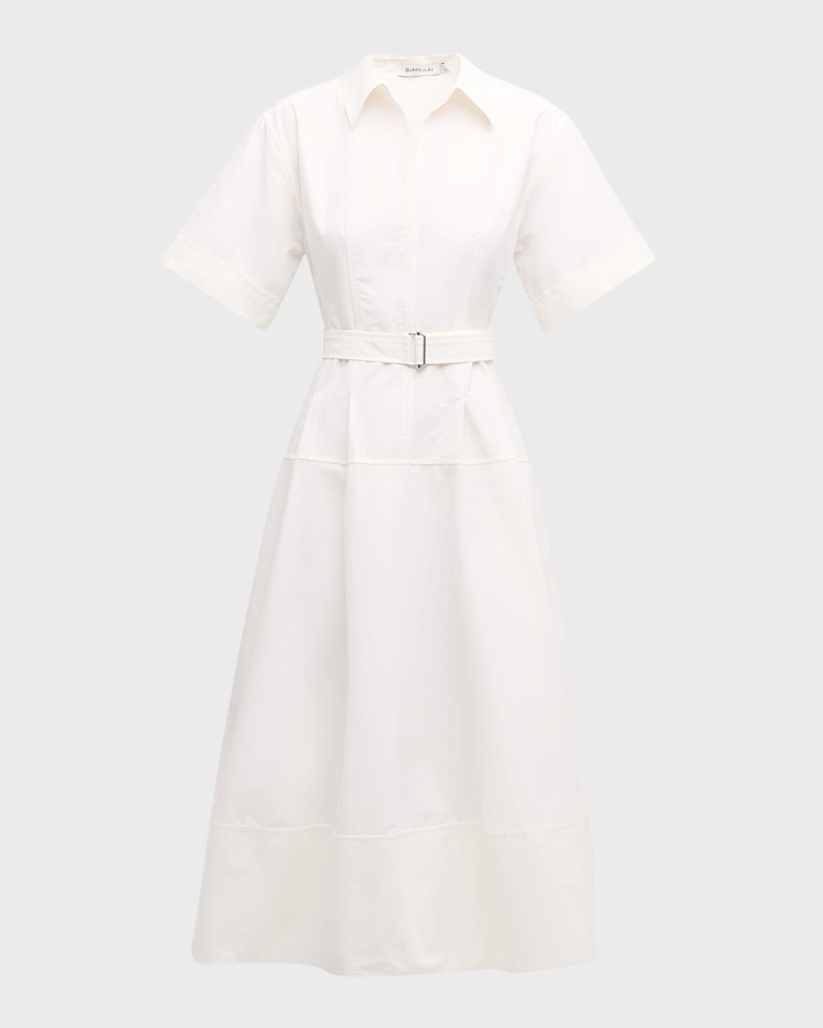 Shop Simkhai Deanna Belted Poplin Short-sleeve Midi Shirtdress In White