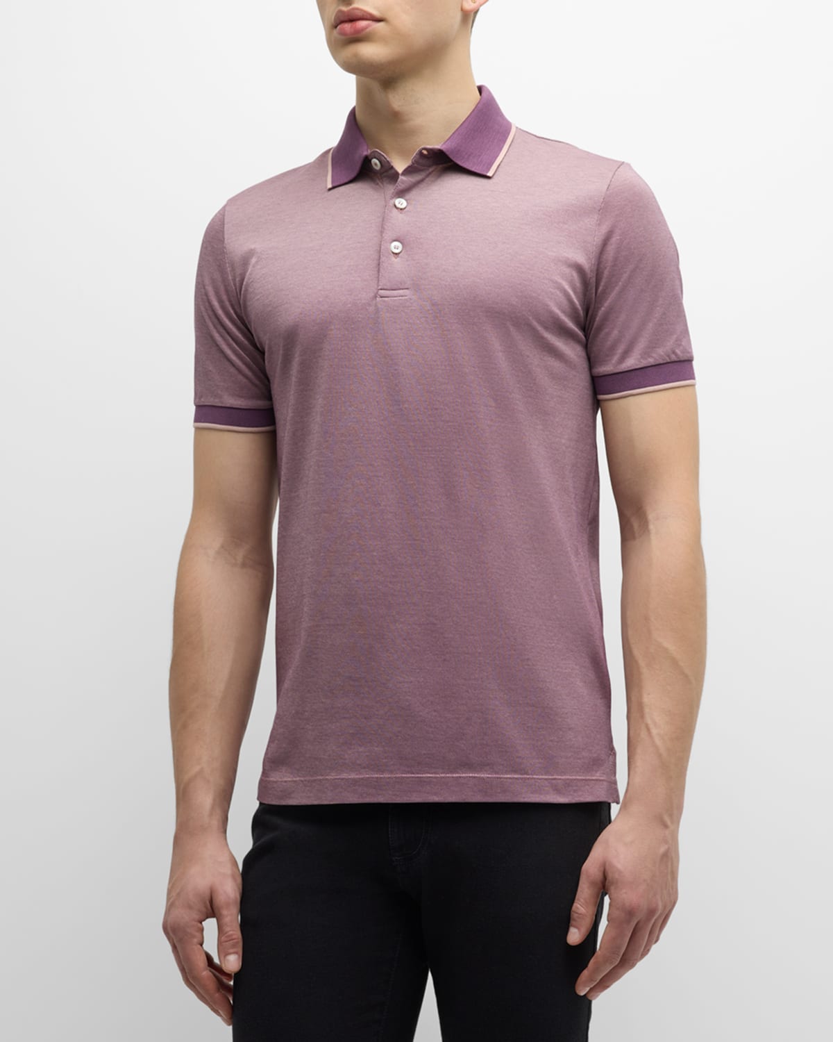 Canali Men's Cotton Polo Shirt With Tipping In Pink